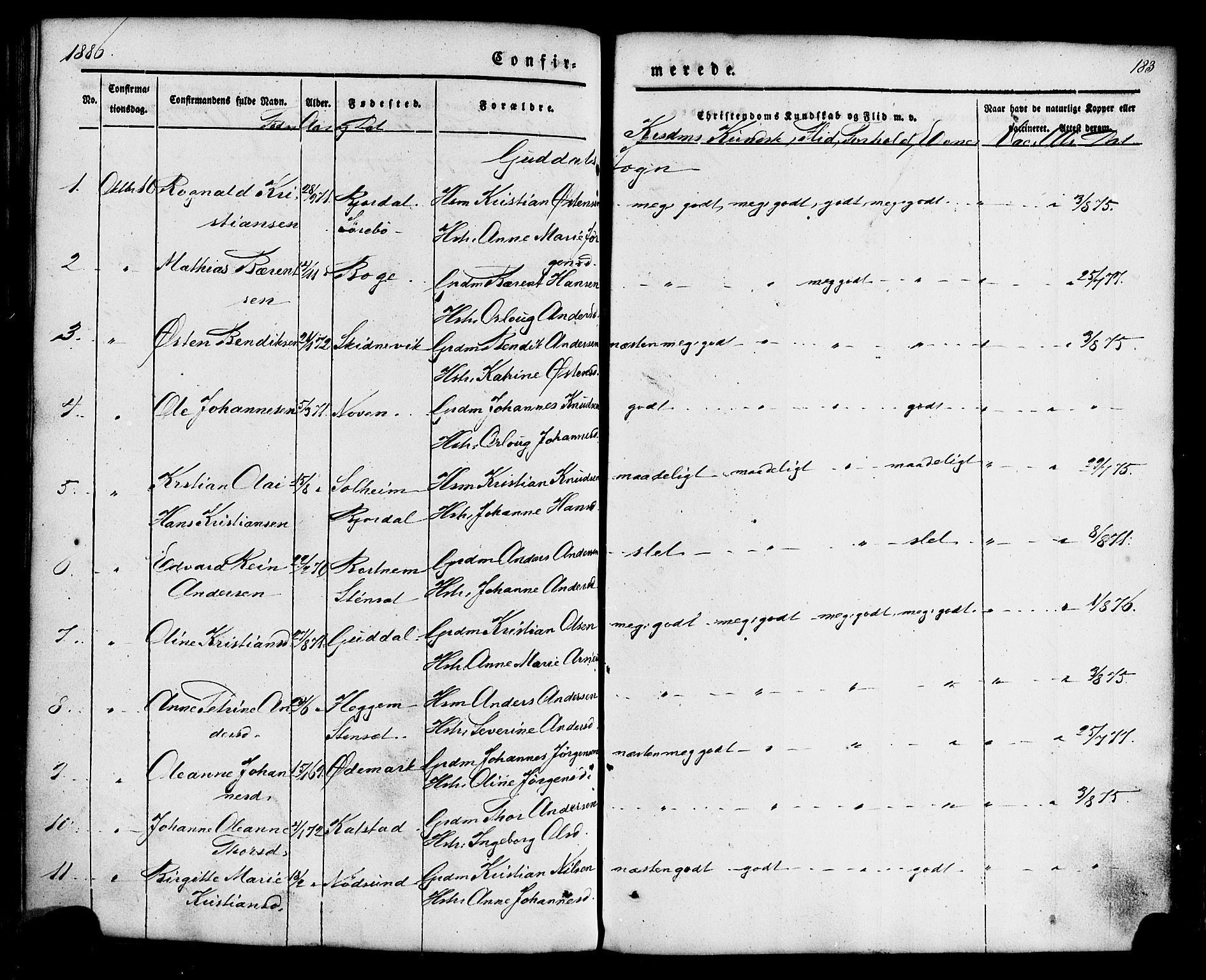 Fjaler sokneprestembete, AV/SAB-A-79801/H/Haa/Haaa/L0008: Parish register (official) no. A 8, 1850-1886, p. 183