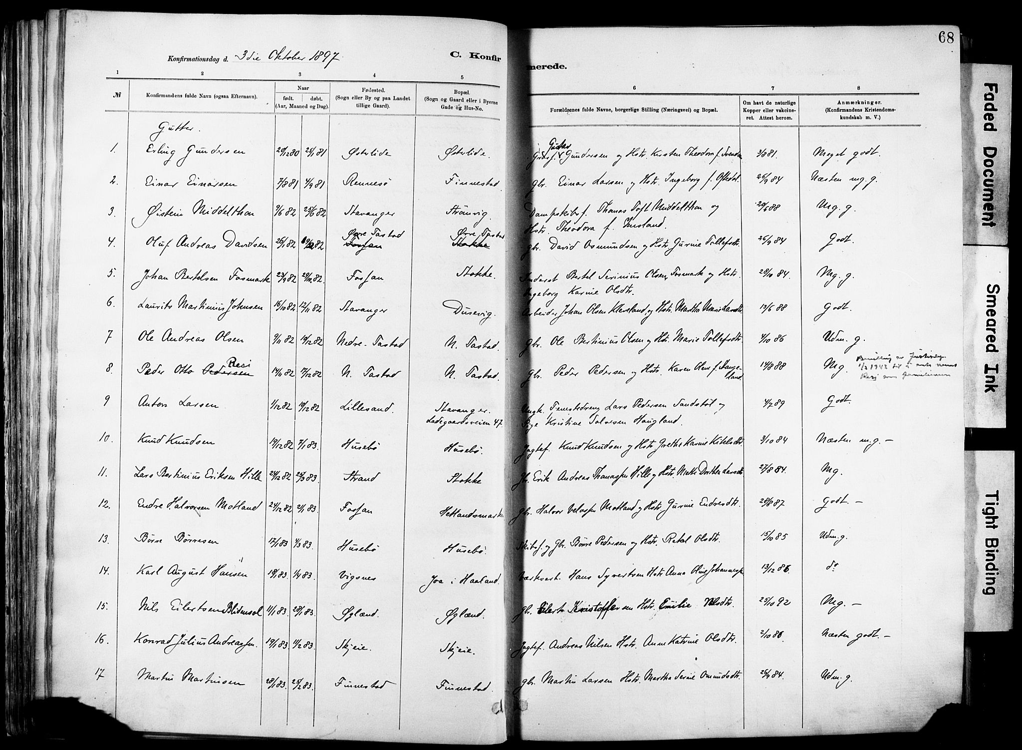 Hetland sokneprestkontor, SAST/A-101826/30/30BA/L0012: Parish register (official) no. A 12, 1882-1912, p. 68