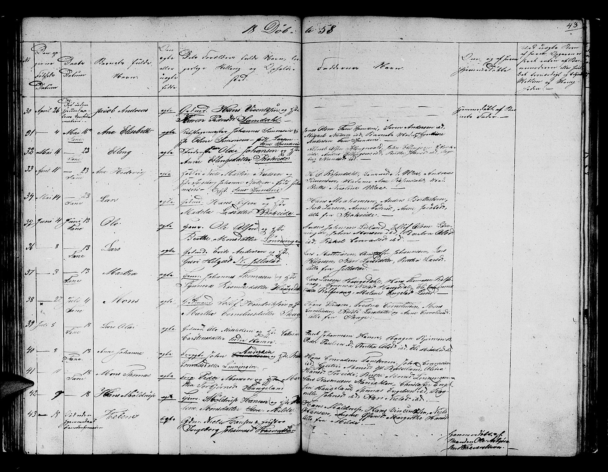 Fana Sokneprestembete, SAB/A-75101/H/Hab/Habb/L0002: Parish register (copy) no. B 2, 1851-1860, p. 43