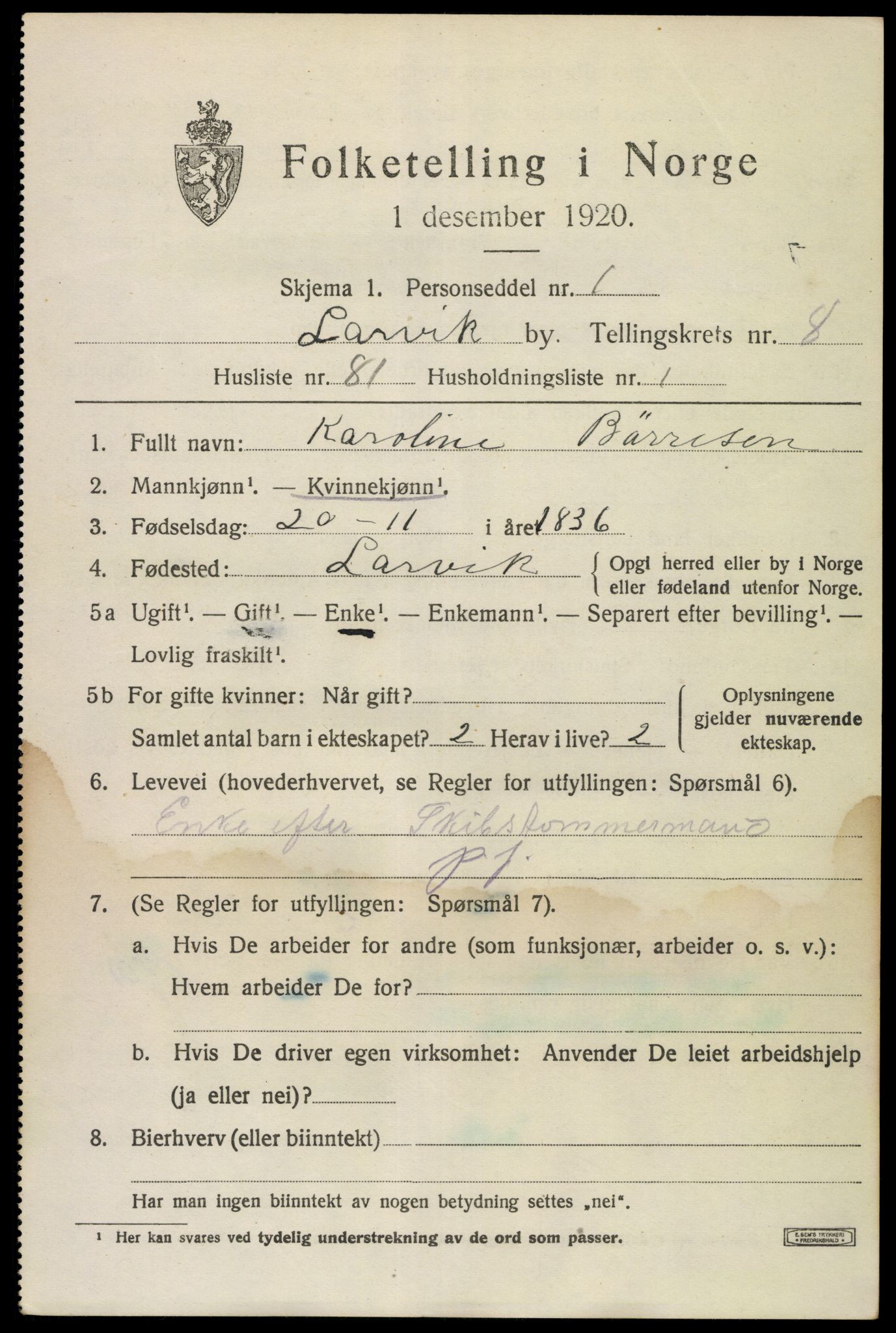 SAKO, 1920 census for Larvik, 1920, p. 24080