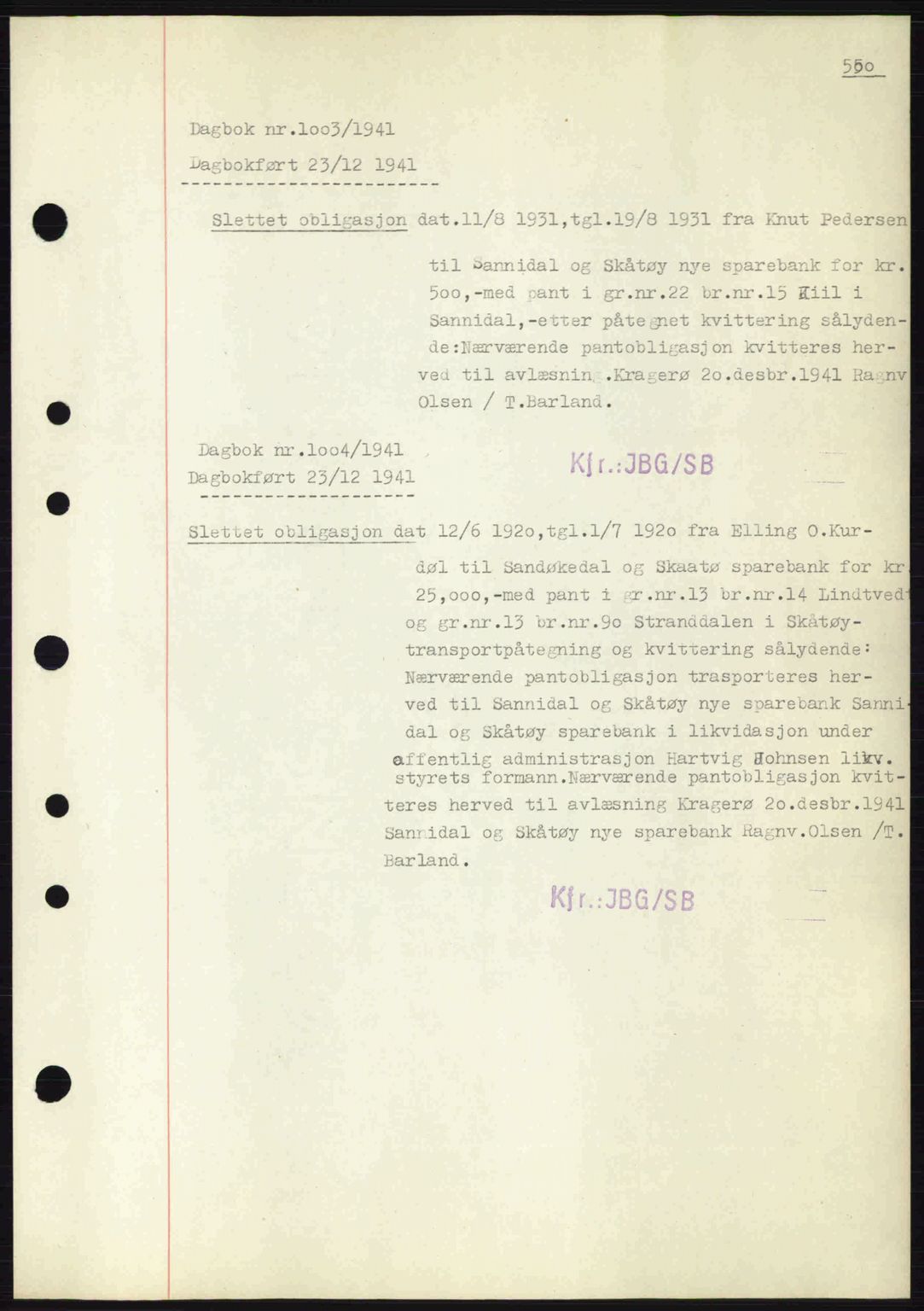 Kragerø sorenskriveri, AV/SAKO-A-65/G/Ga/Gab/L0053: Mortgage book no. 53, 1941-1942, Diary no: : 1003/1941