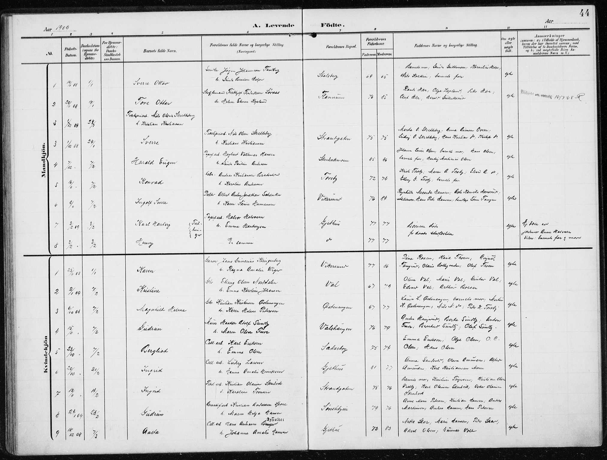 Modum kirkebøker, SAKO/A-234/F/Fa/L0014a: Parish register (official) no. 14A, 1906-1918, p. 44