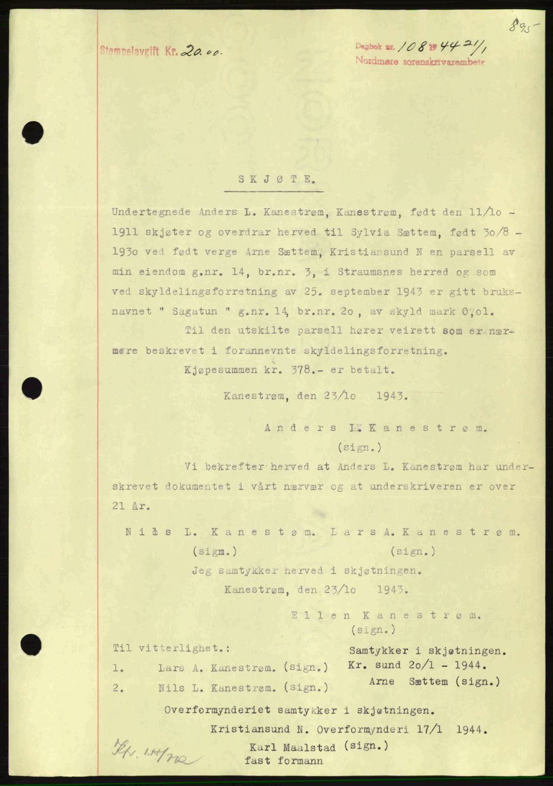 Nordmøre sorenskriveri, AV/SAT-A-4132/1/2/2Ca: Mortgage book no. A96, 1943-1944, Diary no: : 108/1944