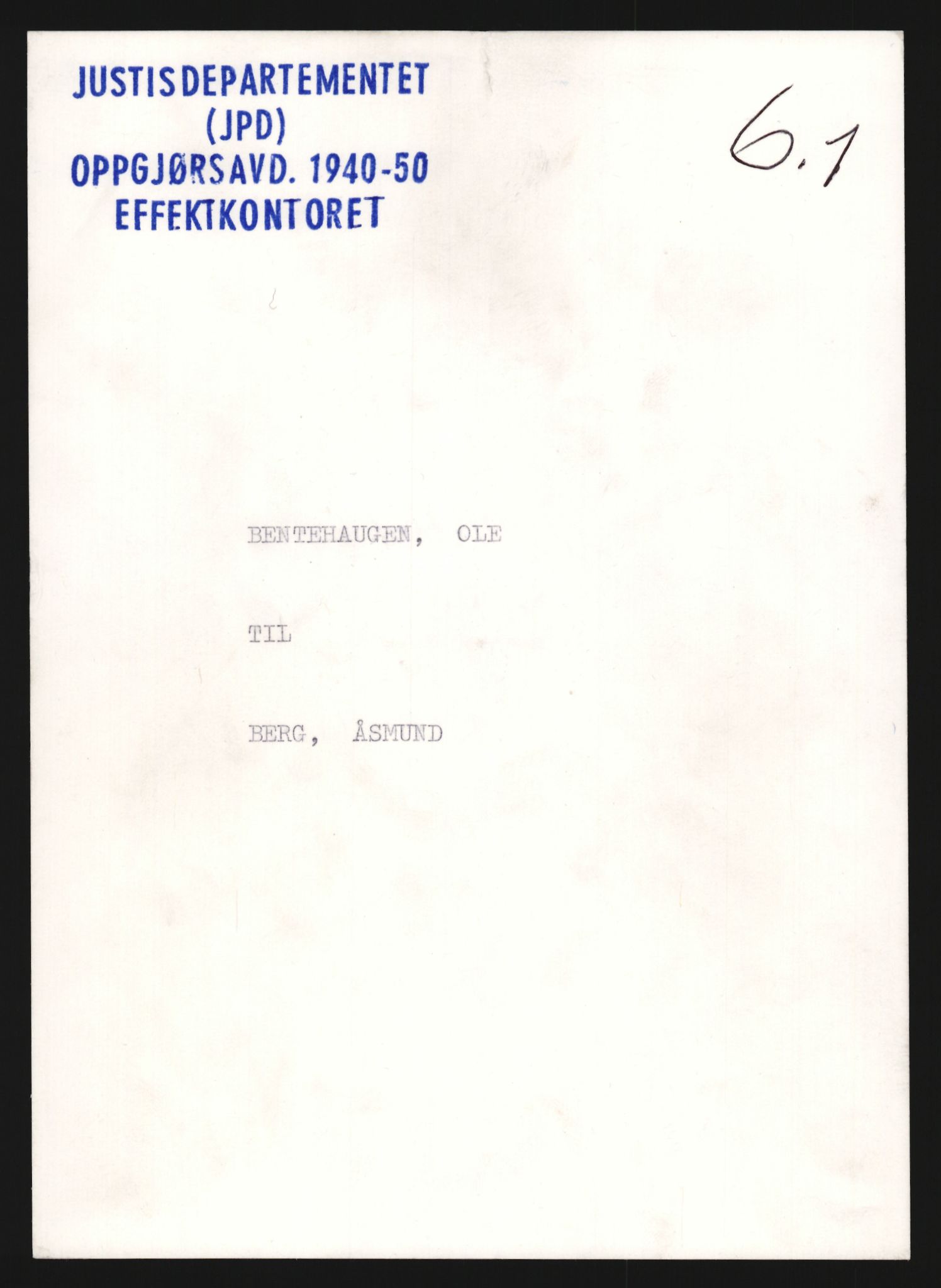 Justisdepartementet, Oppgjørsavdelingen, RA/S-1056/G/Gb/L0006: Oppgaver over ettersøkte sivile effekter.Bentehaugen, Ole - Bergmo, Thor, 1940-1942, p. 1
