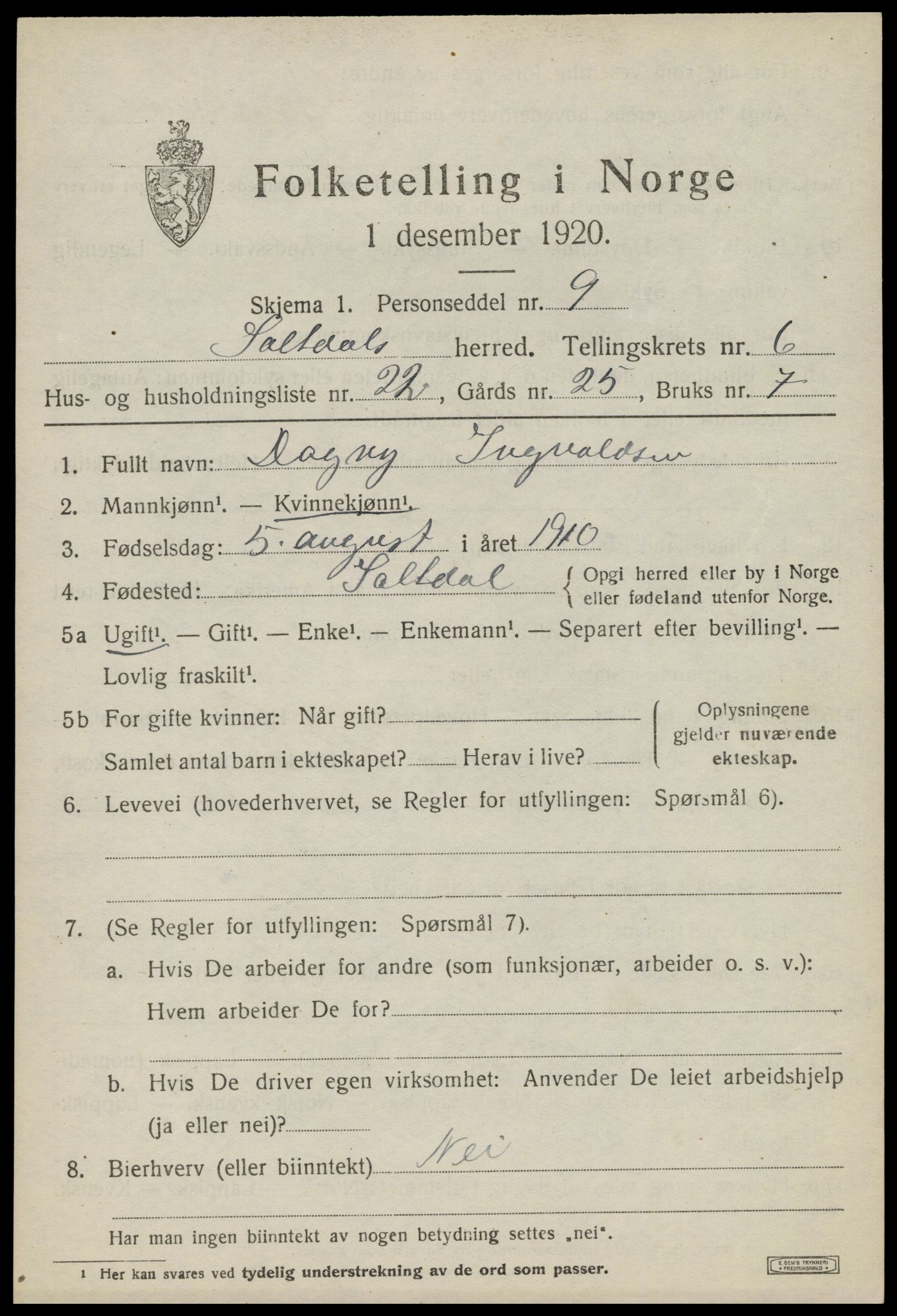 SAT, 1920 census for Saltdal, 1920, p. 7625