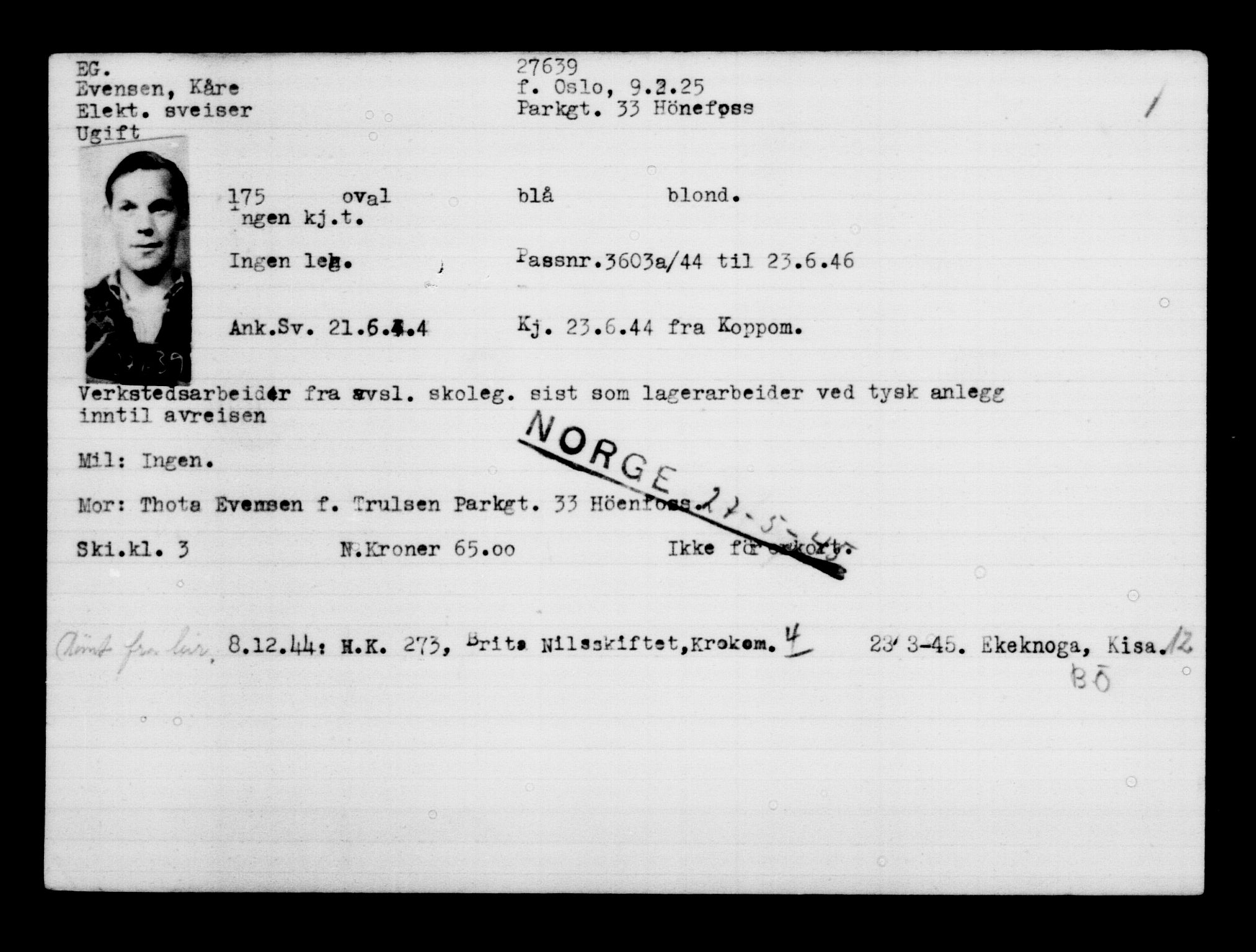 Utenriksstasjonene, Legasjonen i Stockholm, Flyktningkontoret, AV/RA-S-6753/V/Va/L0011: Kjesäterkartoteket, flyktninger med registreringsnr. 25300-28349, 1940-1945, p. 2490