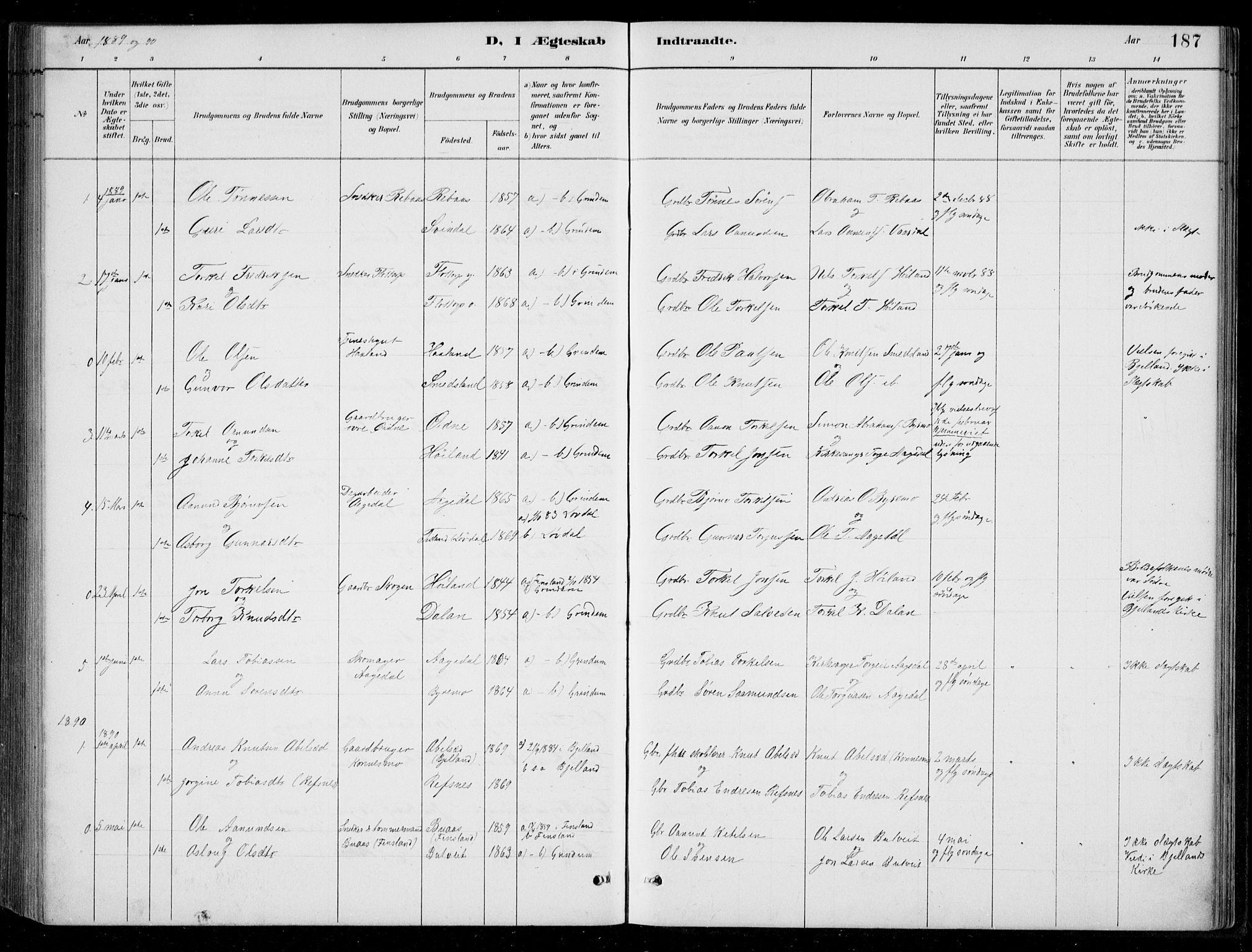 Bjelland sokneprestkontor, SAK/1111-0005/F/Fb/Fbc/L0003: Parish register (copy) no. B 3, 1887-1924, p. 187