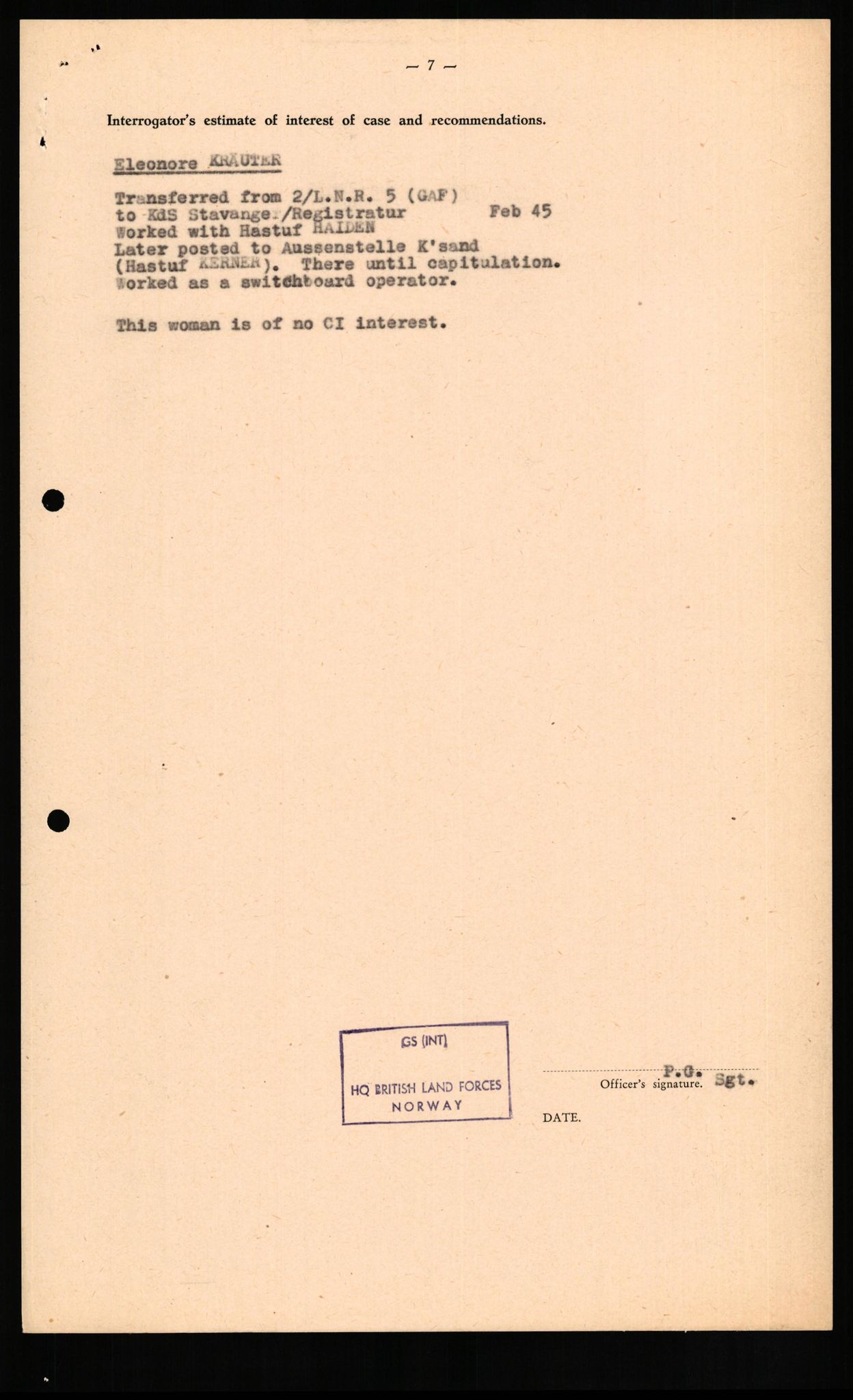 Forsvaret, Forsvarets overkommando II, AV/RA-RAFA-3915/D/Db/L0018: CI Questionaires. Tyske okkupasjonsstyrker i Norge. Tyskere., 1945-1946, p. 397