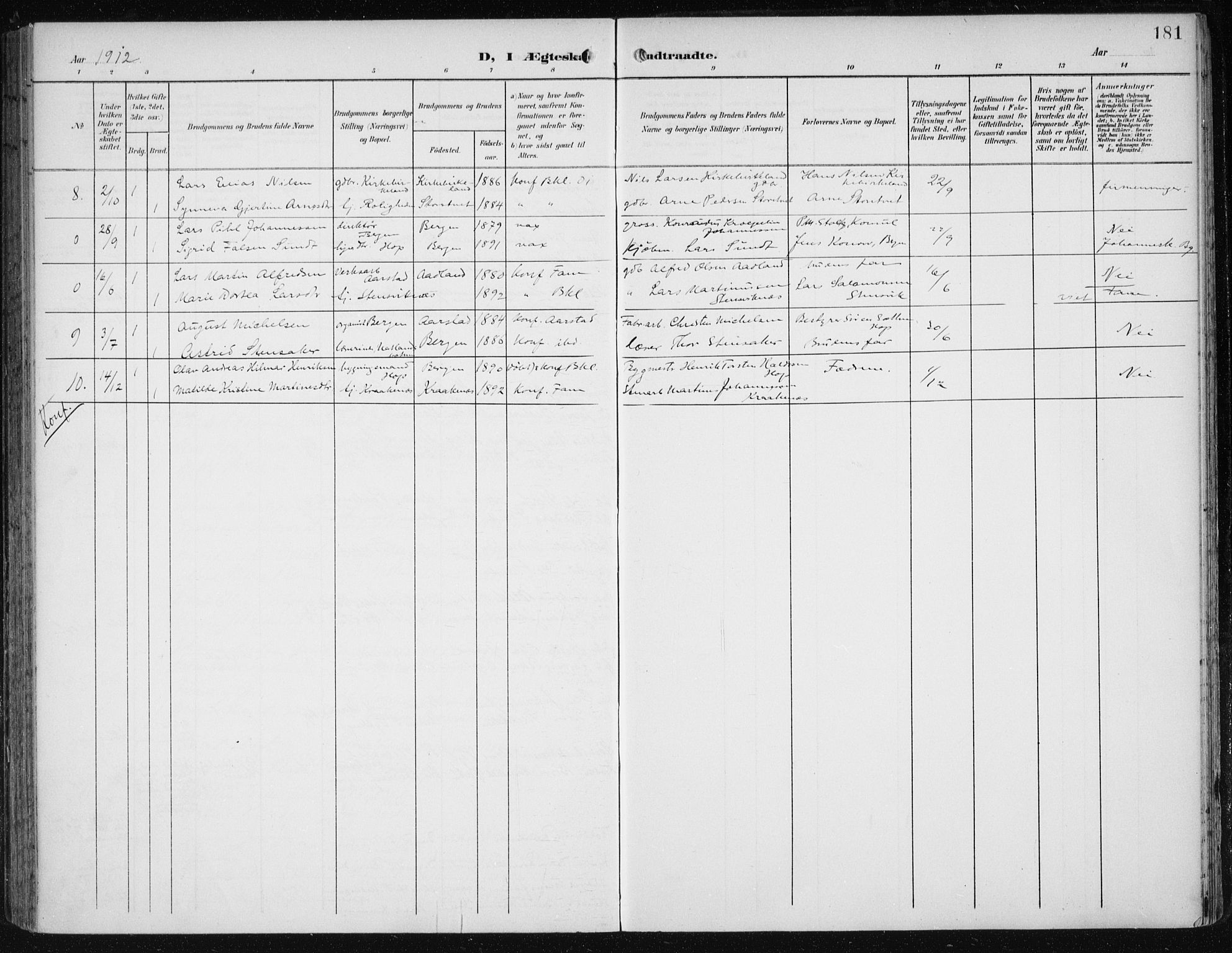 Fana Sokneprestembete, SAB/A-75101/H/Haa/Haai/L0003: Parish register (official) no. I 3, 1900-1912, p. 181