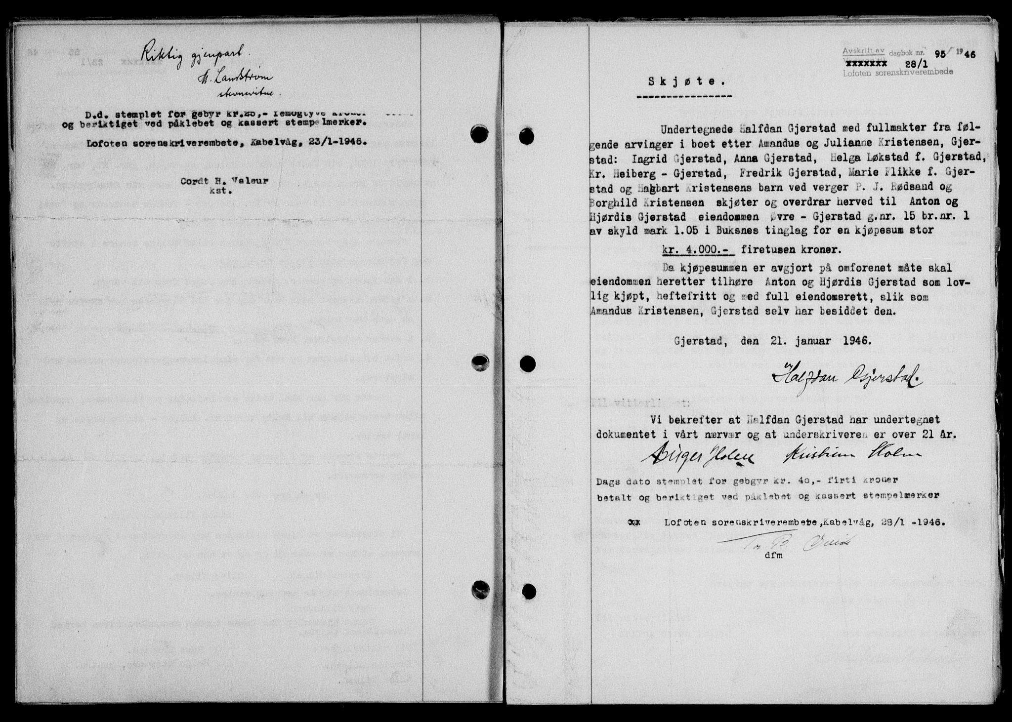 Lofoten sorenskriveri, SAT/A-0017/1/2/2C/L0013a: Mortgage book no. 13a, 1944-1946, Diary no: : 95/1946