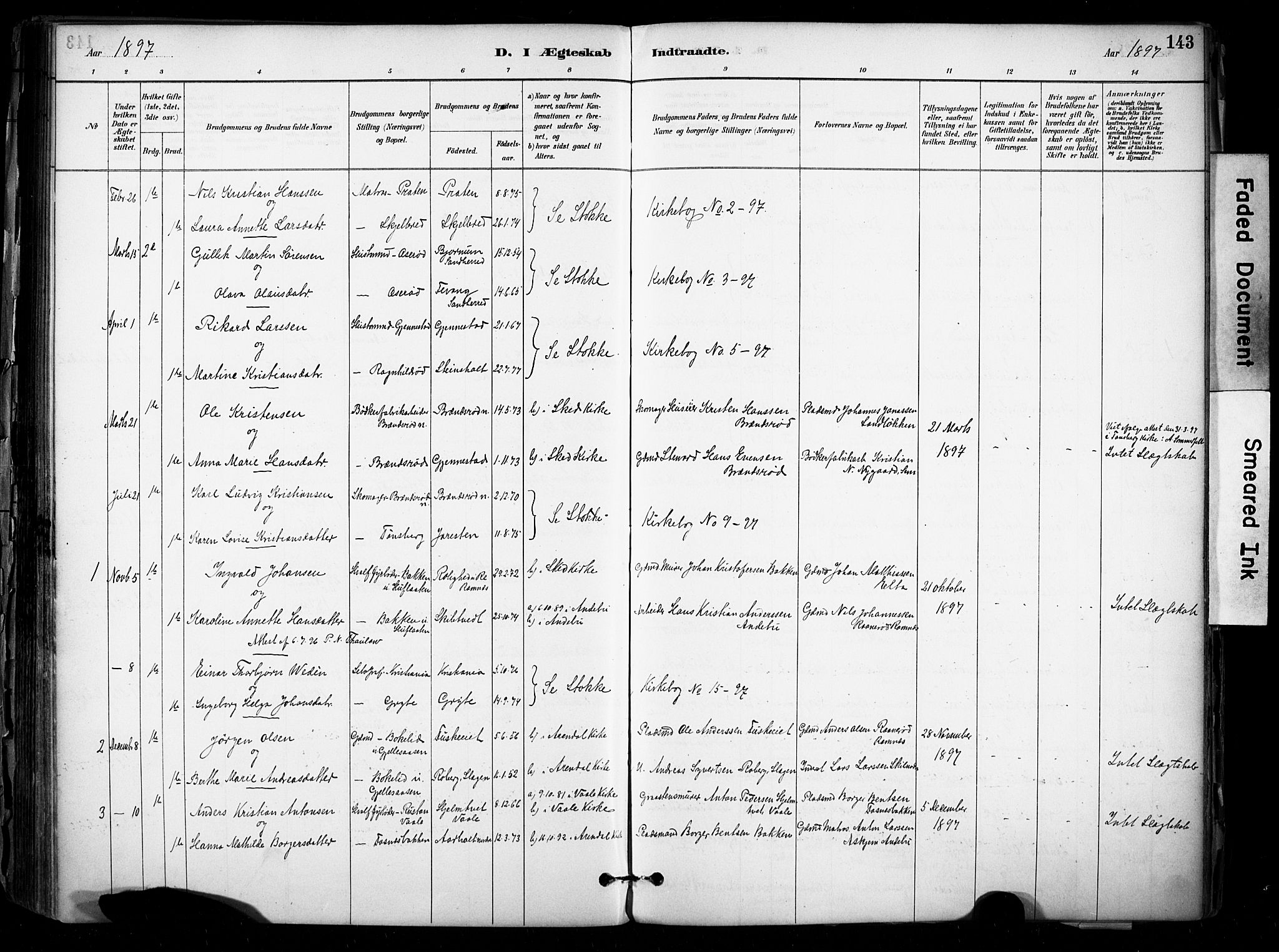 Stokke kirkebøker, AV/SAKO-A-320/F/Fb/L0001: Parish register (official) no. II 1, 1884-1910, p. 143