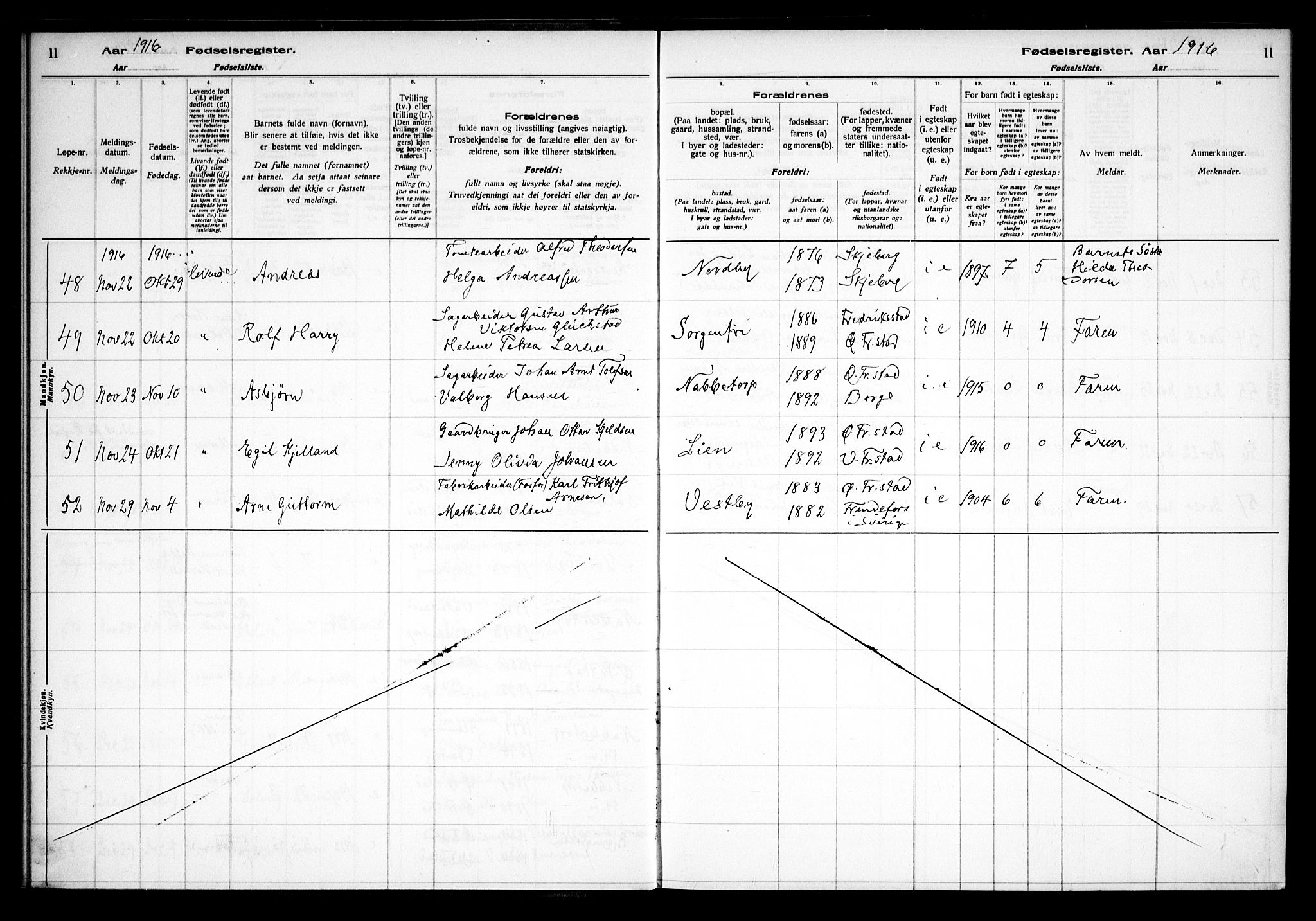 Østre Fredrikstad prestekontor Kirkebøker, AV/SAO-A-10907/J/Ja/L0001: Birth register no. 1, 1916-1936, p. 11