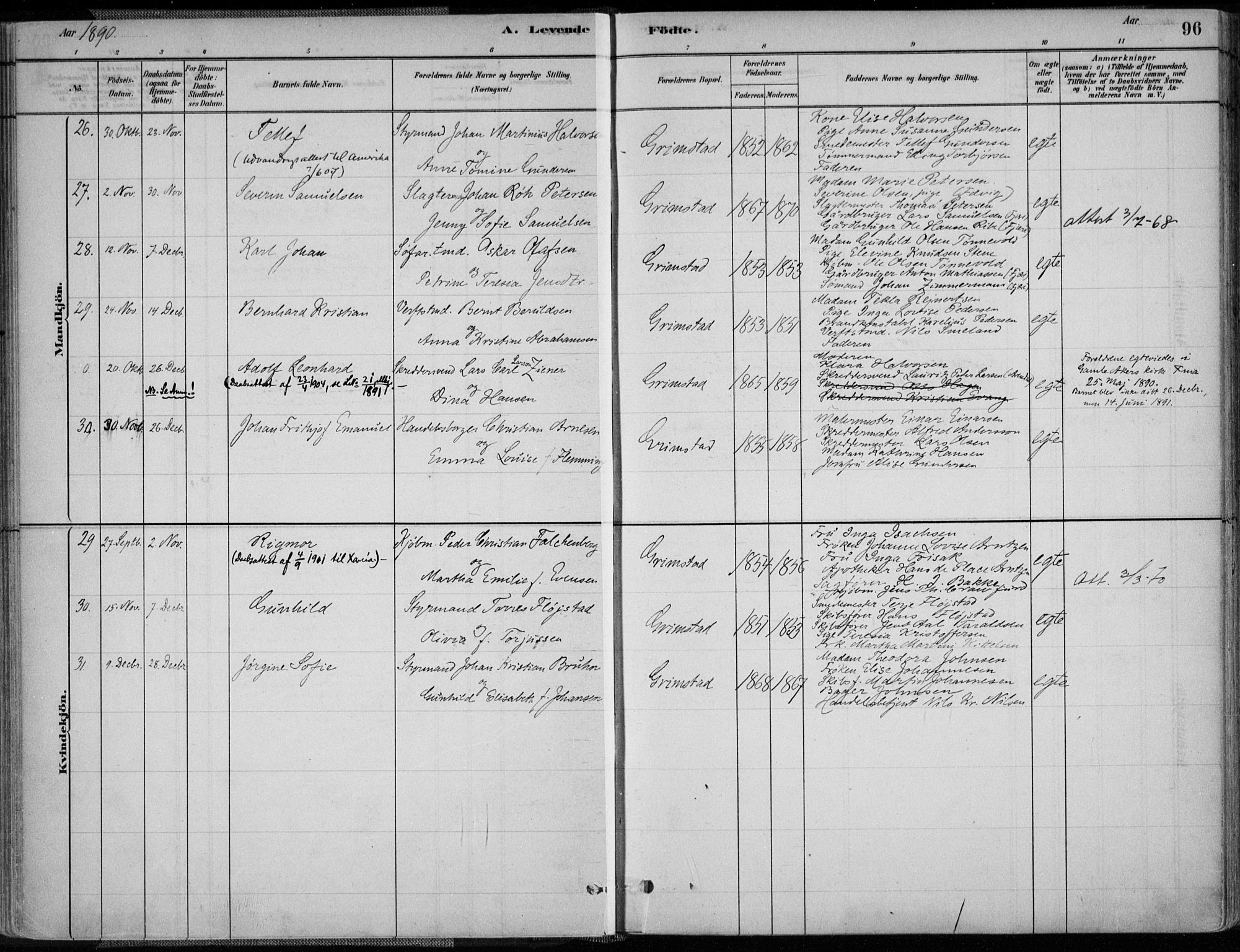 Grimstad sokneprestkontor, AV/SAK-1111-0017/F/Fa/L0003: Parish register (official) no. A 2, 1882-1912, p. 96