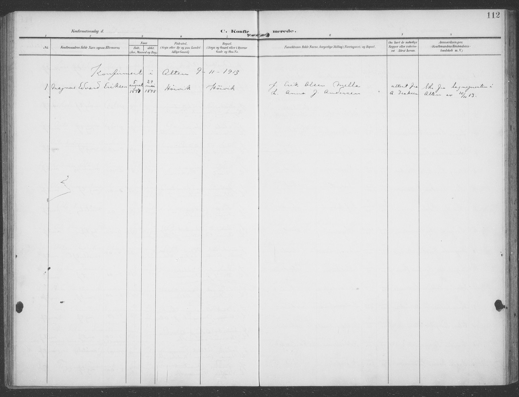 Talvik sokneprestkontor, AV/SATØ-S-1337/H/Ha/L0017kirke: Parish register (official) no. 17, 1906-1915, p. 112