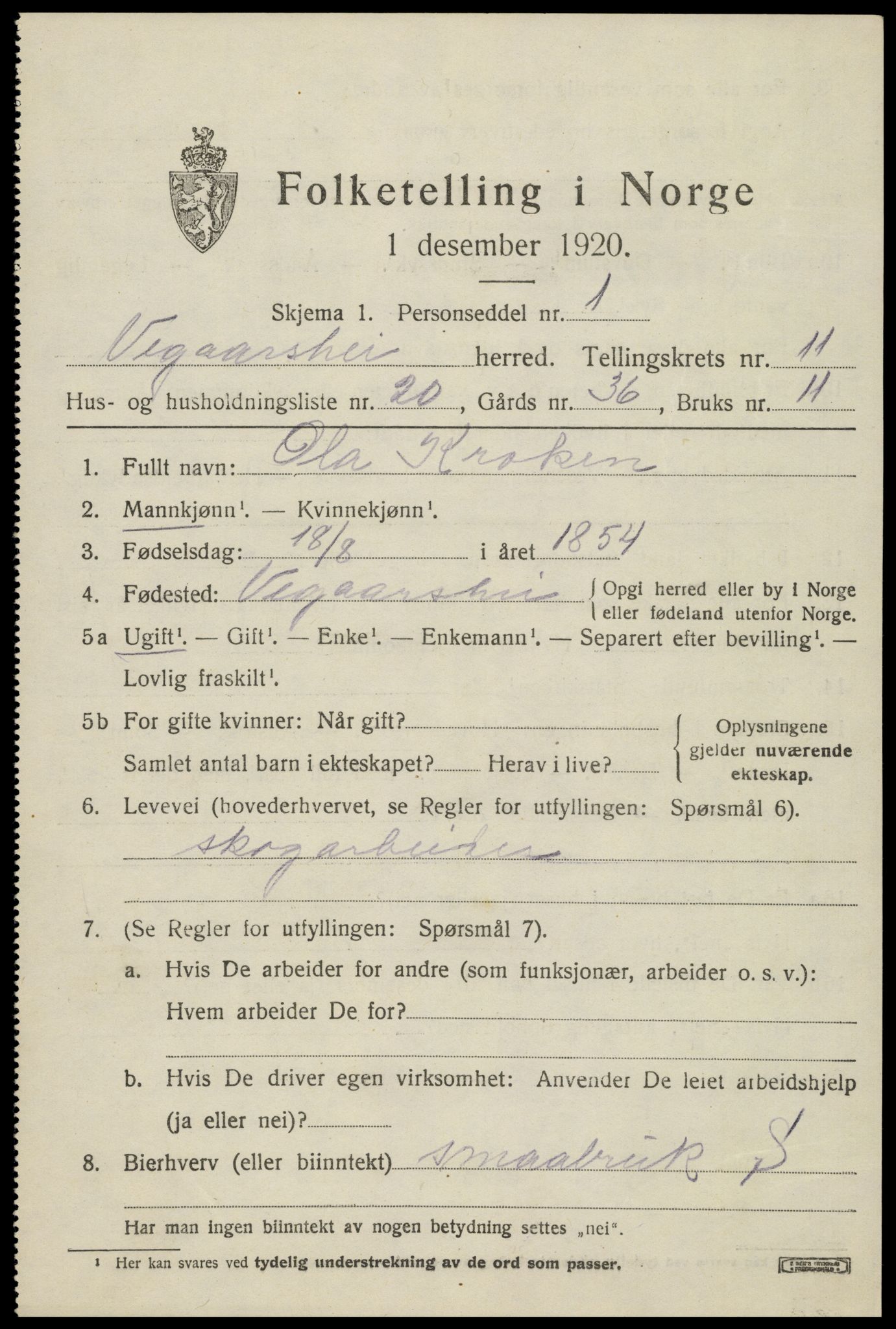 SAK, 1920 census for Vegårshei, 1920, p. 3686