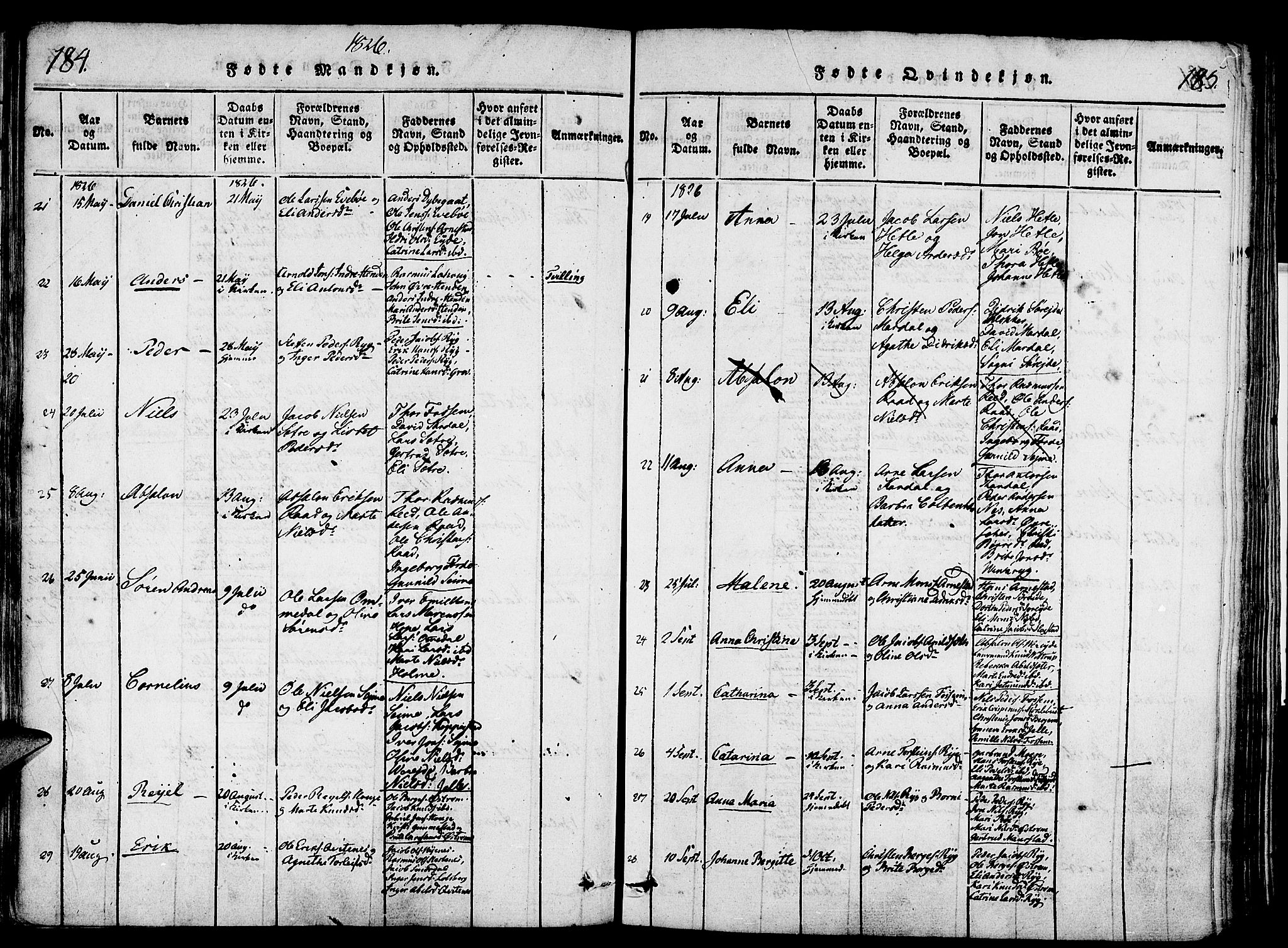 Gloppen sokneprestembete, AV/SAB-A-80101/H/Haa/Haaa/L0006: Parish register (official) no. A 6, 1816-1826, p. 184-185