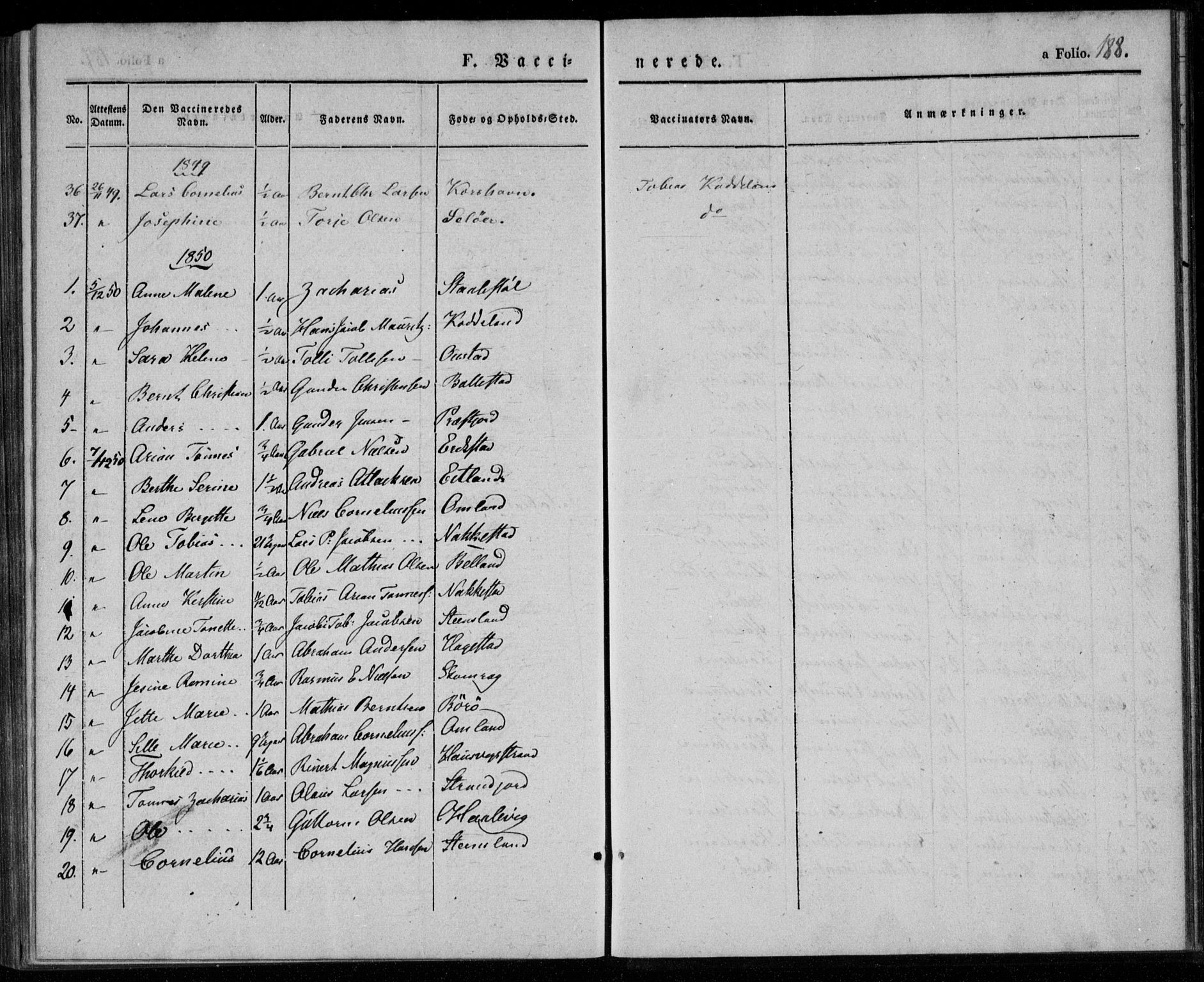 Lyngdal sokneprestkontor, AV/SAK-1111-0029/F/Fa/Faa/L0001: Parish register (official) no. A 1, 1837-1857, p. 188