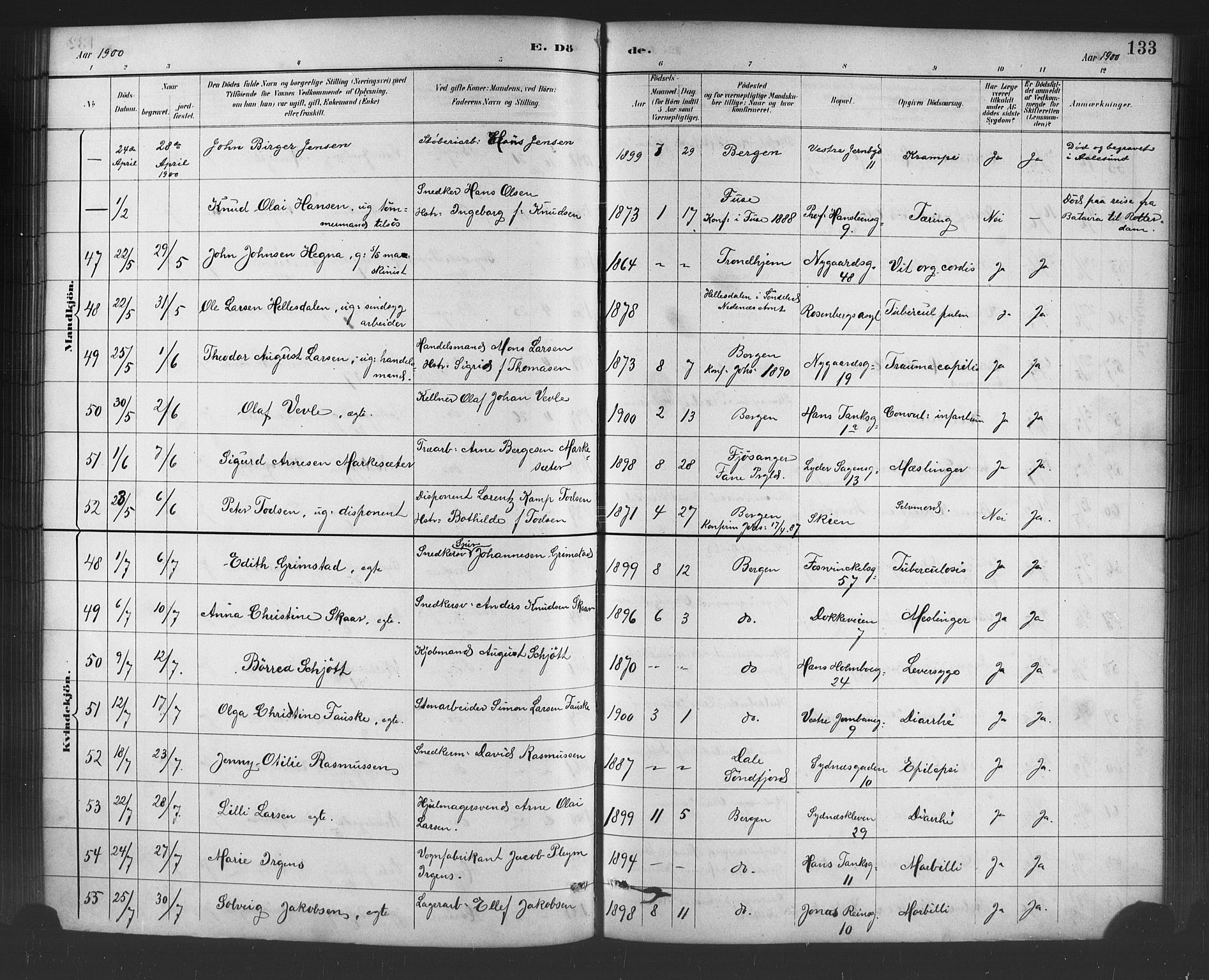 Johanneskirken sokneprestembete, AV/SAB-A-76001/H/Hab: Parish register (copy) no. D 1, 1885-1915, p. 133