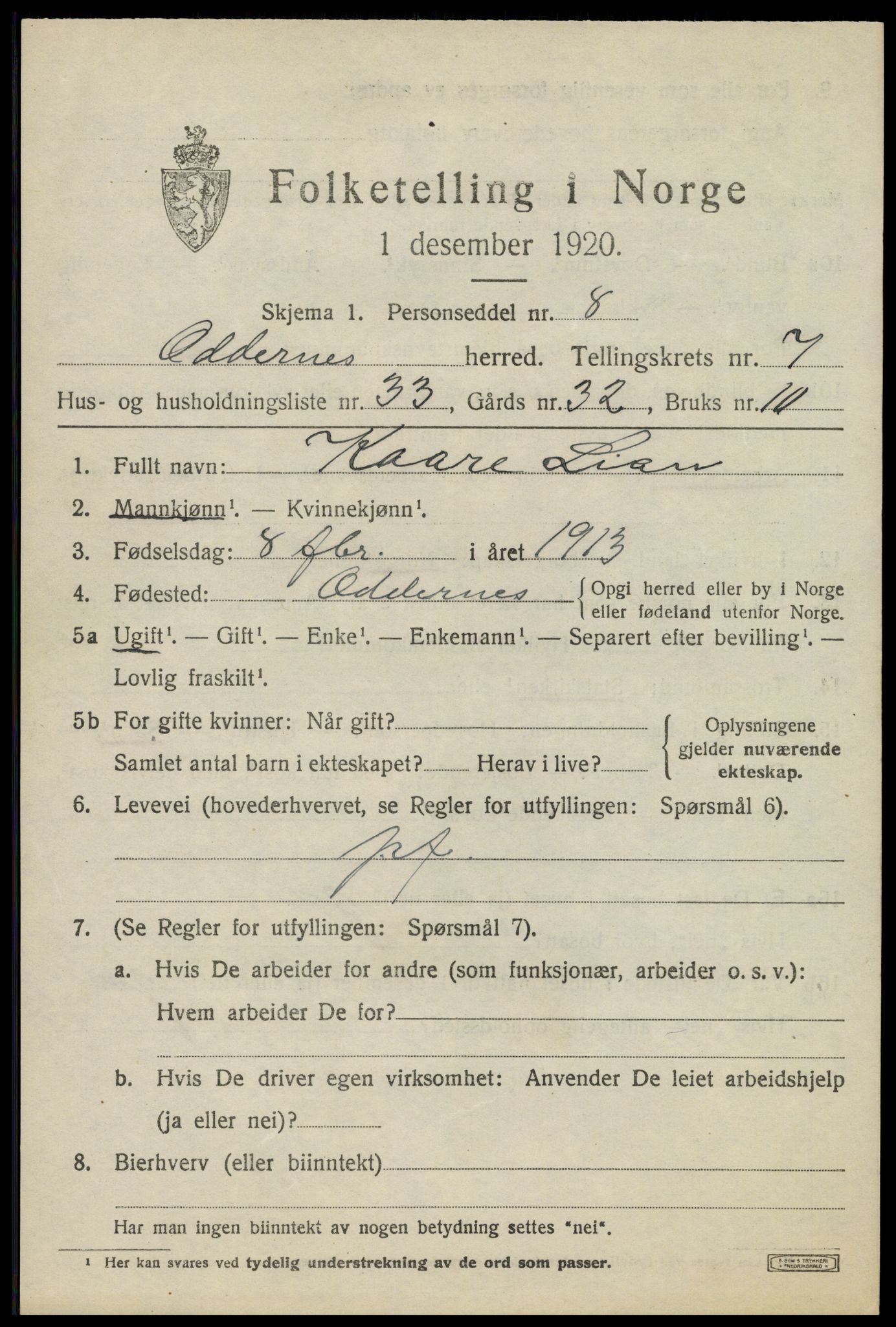 SAK, 1920 census for Oddernes, 1920, p. 5567