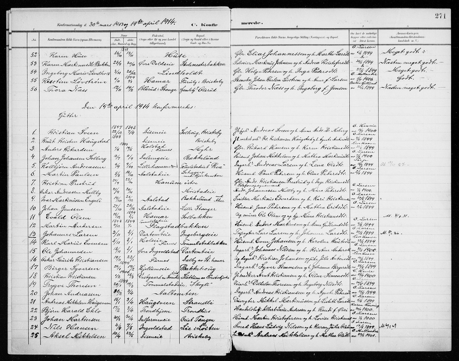 Vang prestekontor, Hedmark, SAH/PREST-008/H/Ha/Haa/L0021: Parish register (official) no. 21, 1902-1917, p. 271