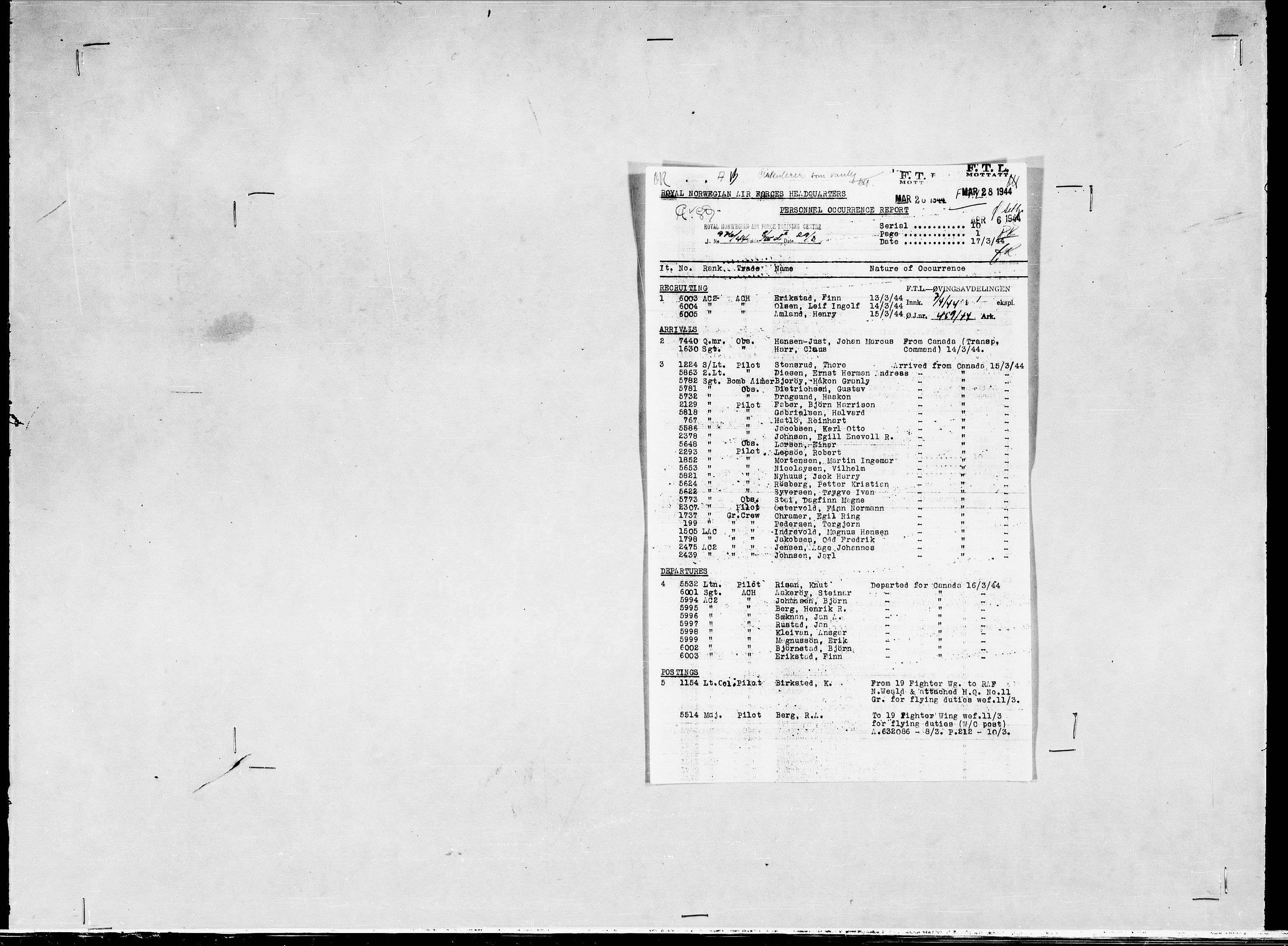 Forsvaret, Flyvåpnenes treningsleir 1940-1945, AV/RA-RAFA-3974/V/L0038: Ekspedisjonskontoret. 8. Personellkontoret, 1940-1945