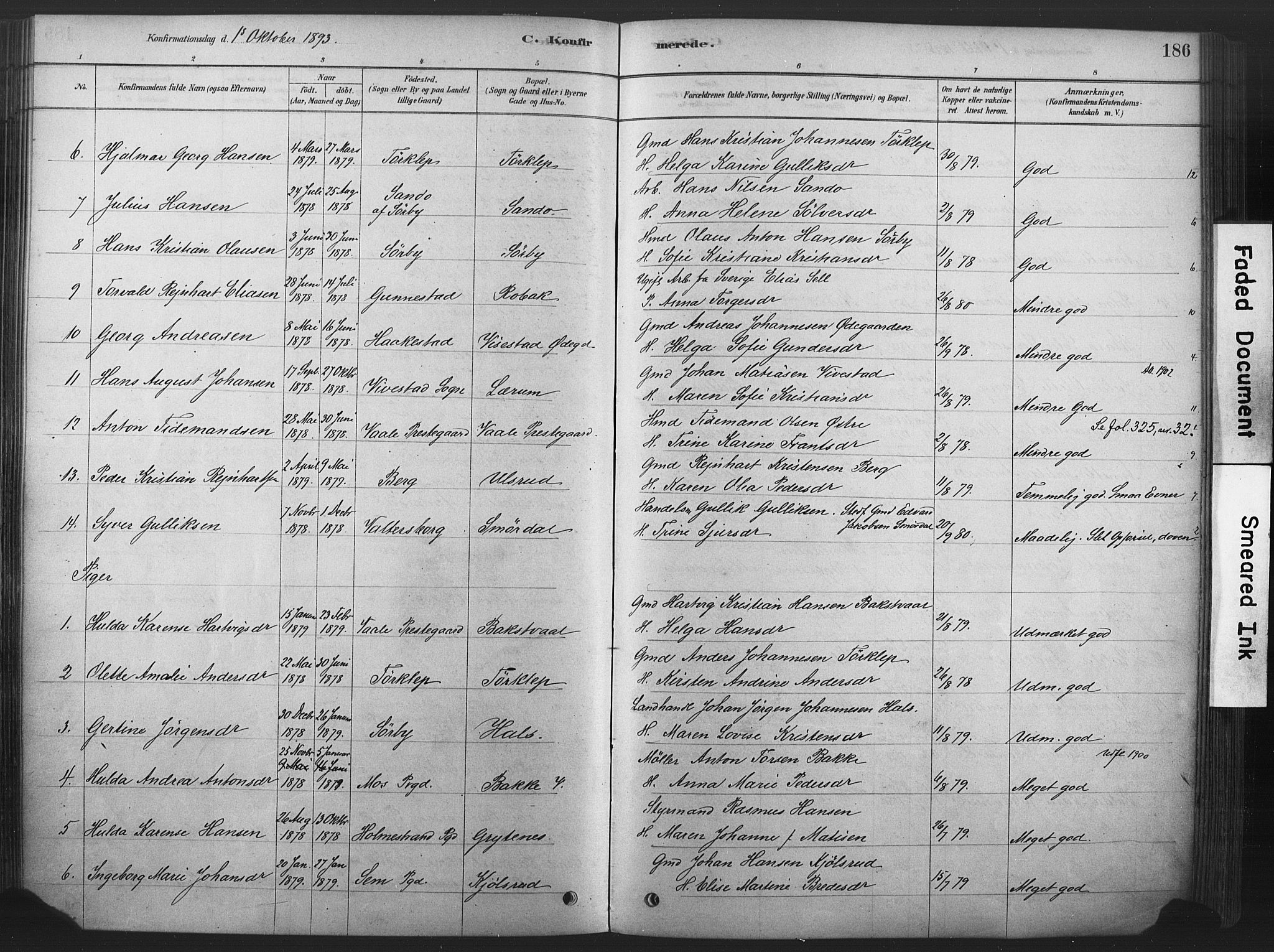 Våle kirkebøker, AV/SAKO-A-334/F/Fa/L0011: Parish register (official) no. I 11, 1878-1906, p. 186