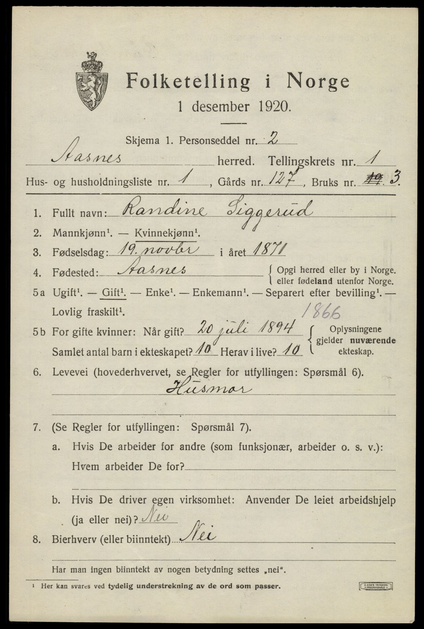 SAH, 1920 census for Åsnes, 1920, p. 2136