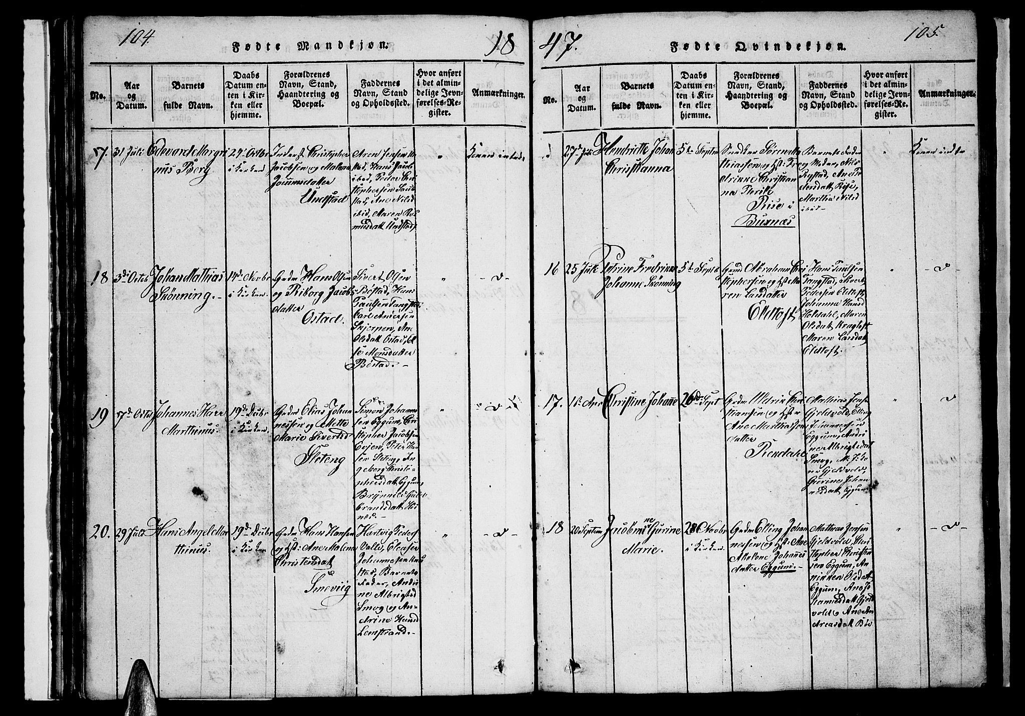 Ministerialprotokoller, klokkerbøker og fødselsregistre - Nordland, AV/SAT-A-1459/880/L1139: Parish register (copy) no. 880C01, 1836-1857, p. 104-105