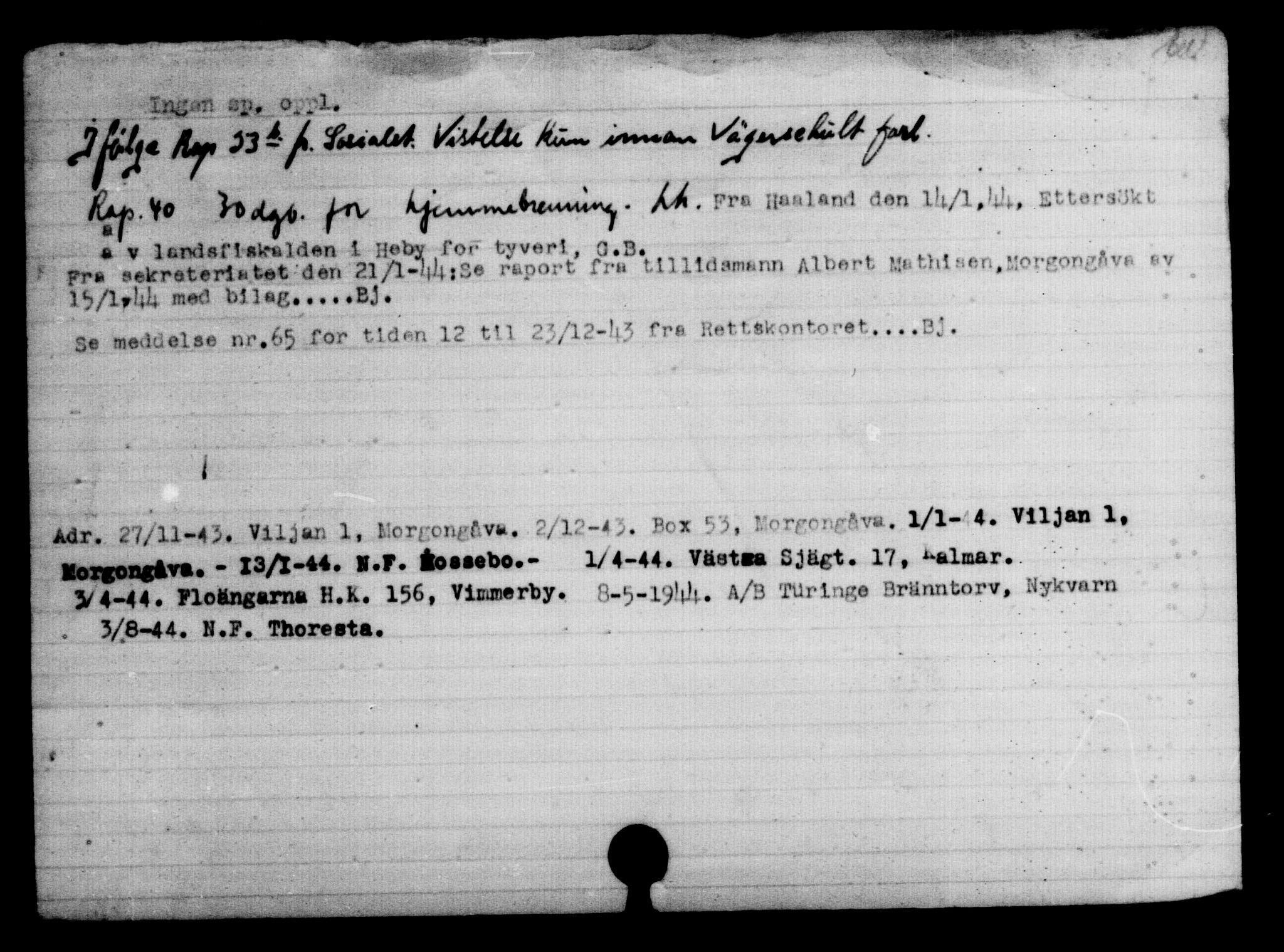 Utenriksstasjonene, Legasjonen i Stockholm, Flyktningkontoret, AV/RA-S-6753/V/Va/L0004: Kjesäterkartoteket, flyktninger med registreringsnr. 3496-6610, 1940-1945, p. 2927
