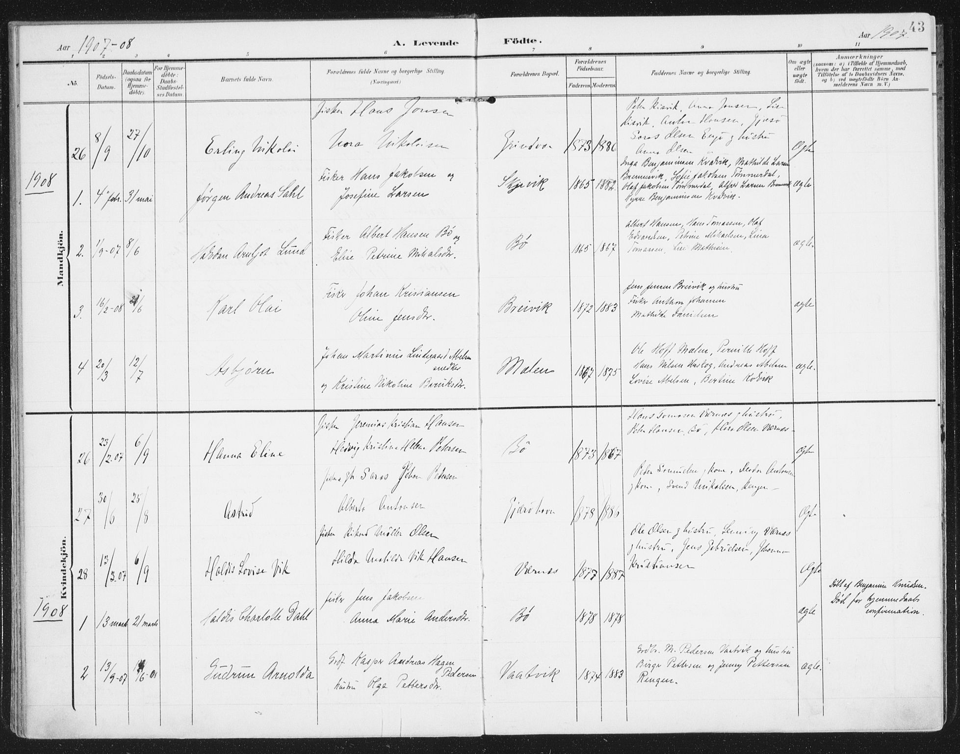 Ministerialprotokoller, klokkerbøker og fødselsregistre - Nordland, AV/SAT-A-1459/841/L0612: Parish register (official) no. 841A15, 1902-1910, p. 43