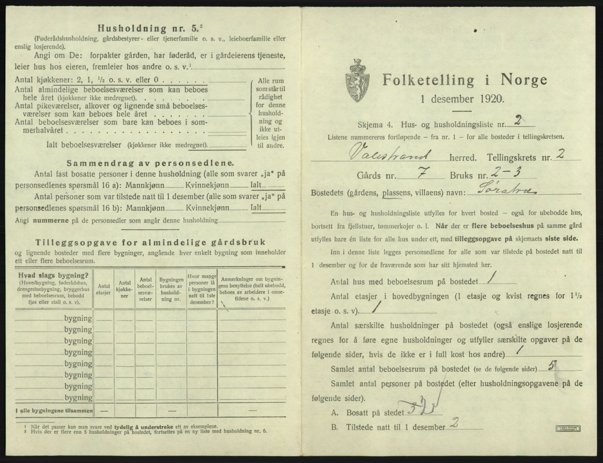 SAB, 1920 census for Valestrand, 1920, p. 89