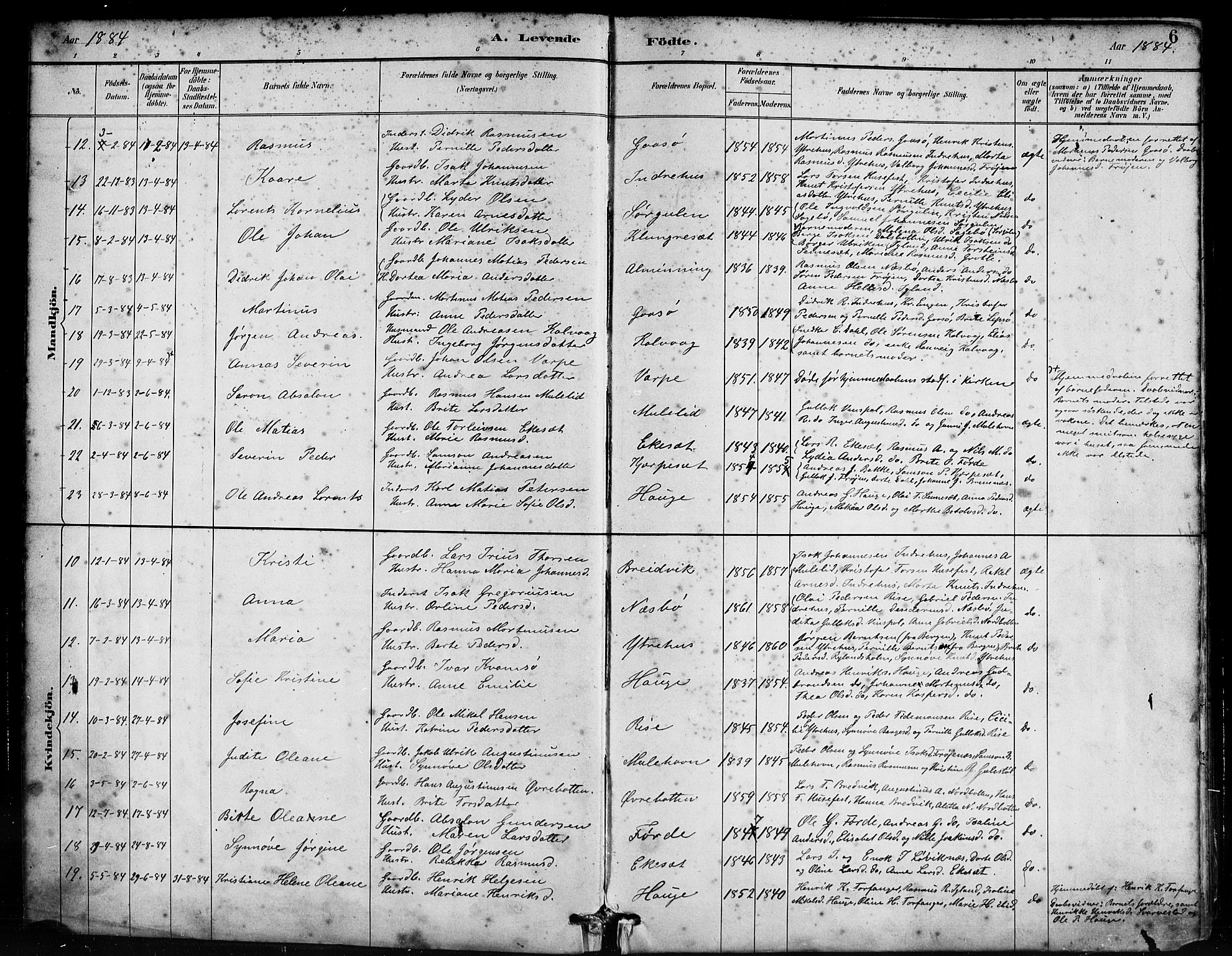 Bremanger sokneprestembete, AV/SAB-A-82201/H/Haa/Haab/L0001: Parish register (official) no. B 1, 1884-1895, p. 6