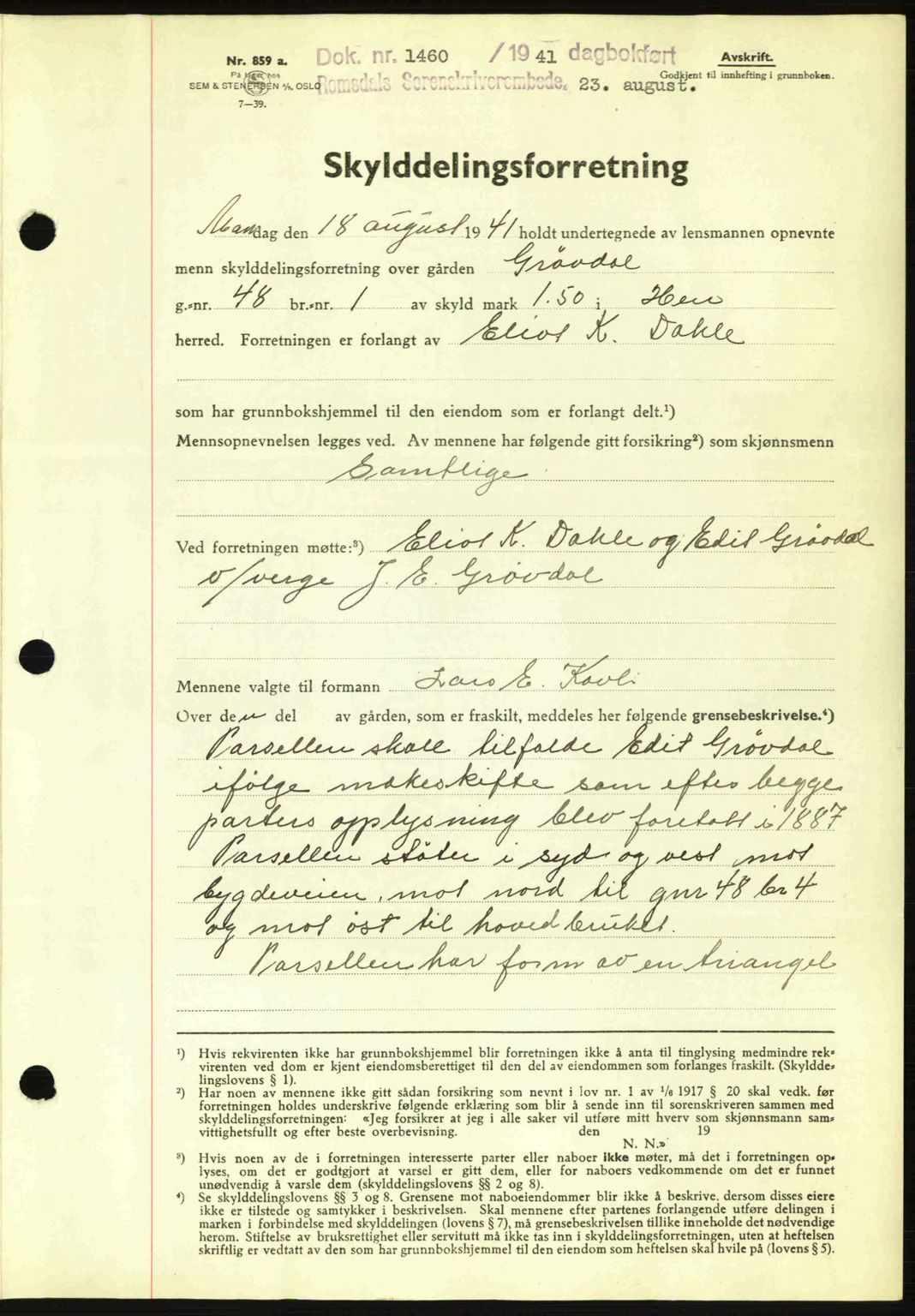 Romsdal sorenskriveri, AV/SAT-A-4149/1/2/2C: Mortgage book no. A10, 1941-1941, Diary no: : 1460/1941