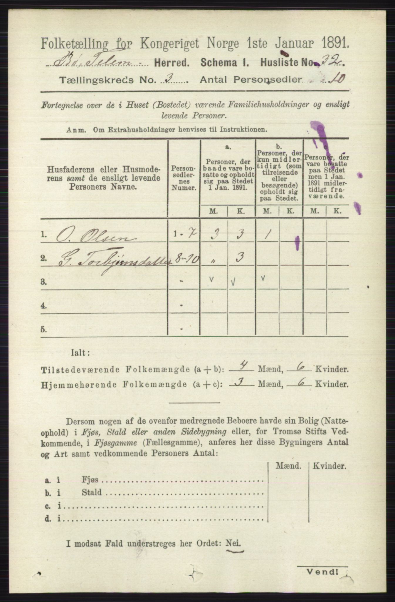 RA, 1891 census for 0821 Bø, 1891, p. 1011