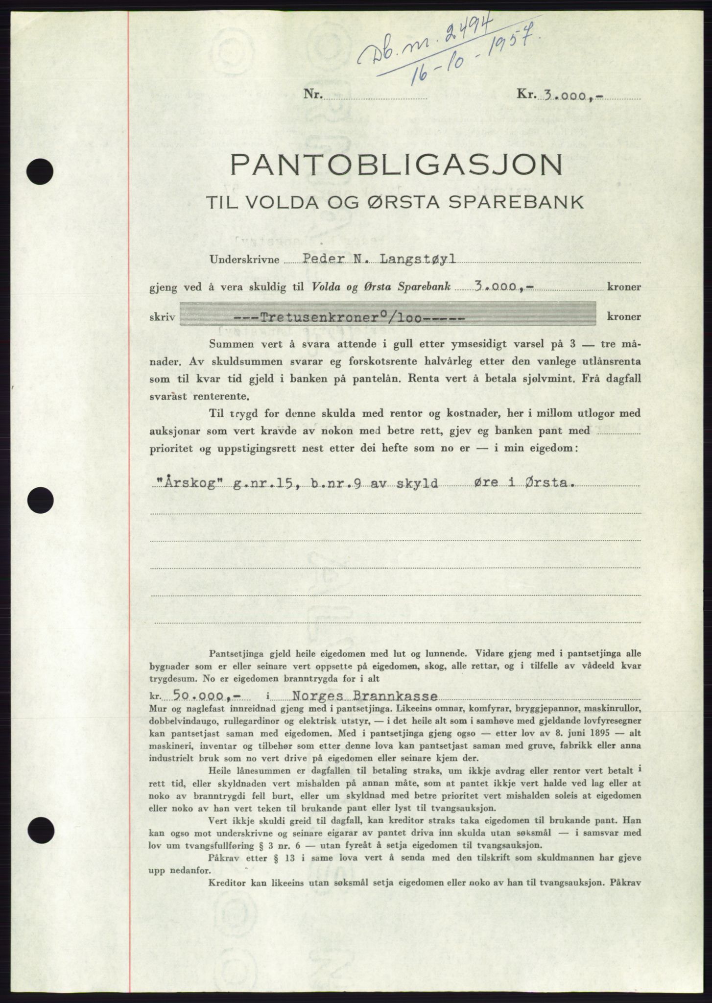 Søre Sunnmøre sorenskriveri, AV/SAT-A-4122/1/2/2C/L0130: Mortgage book no. 18B, 1957-1958, Diary no: : 2494/1957