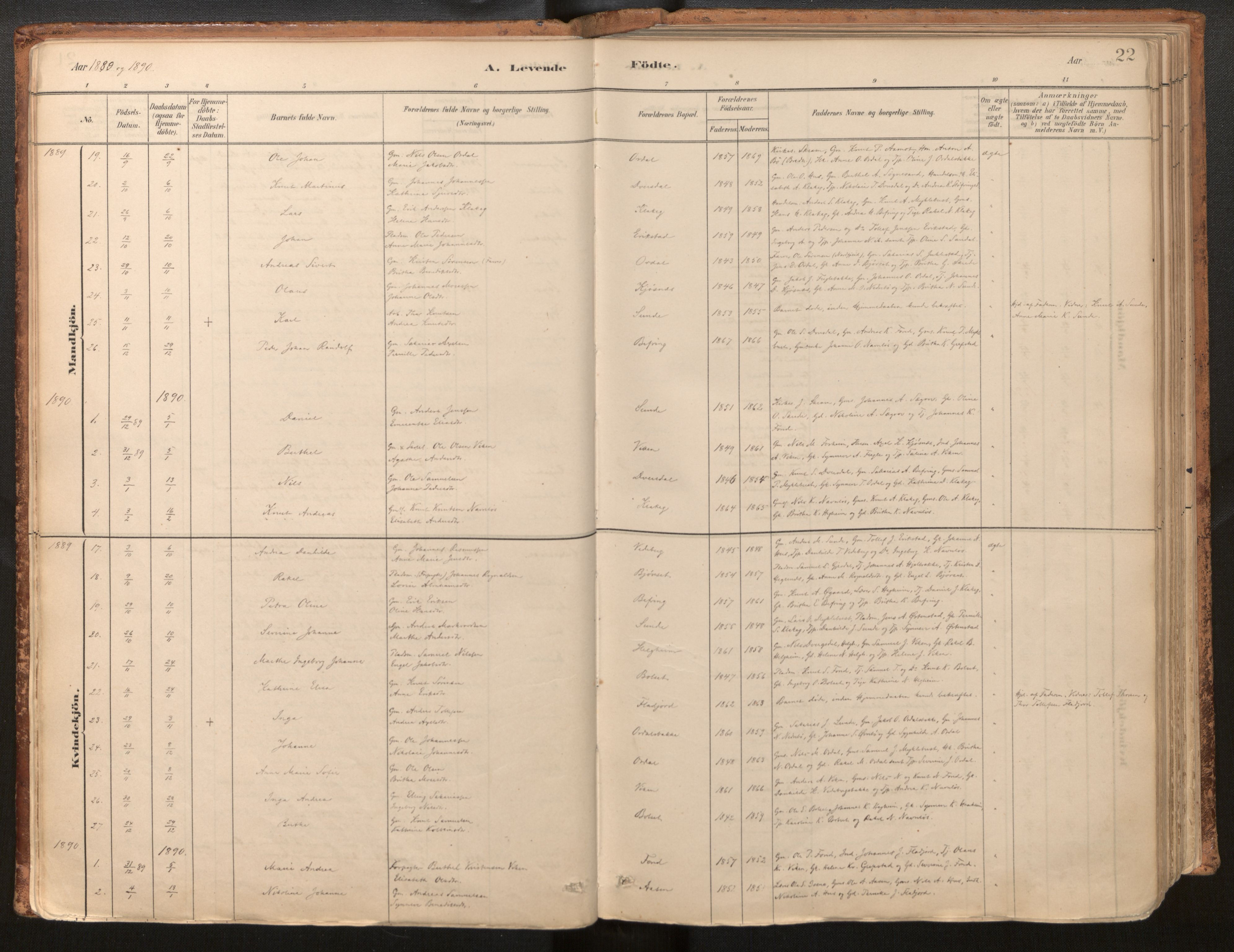 Jølster sokneprestembete, AV/SAB-A-80701/H/Haa/Haac/L0001: Parish register (official) no. C 1, 1882-1928, p. 22