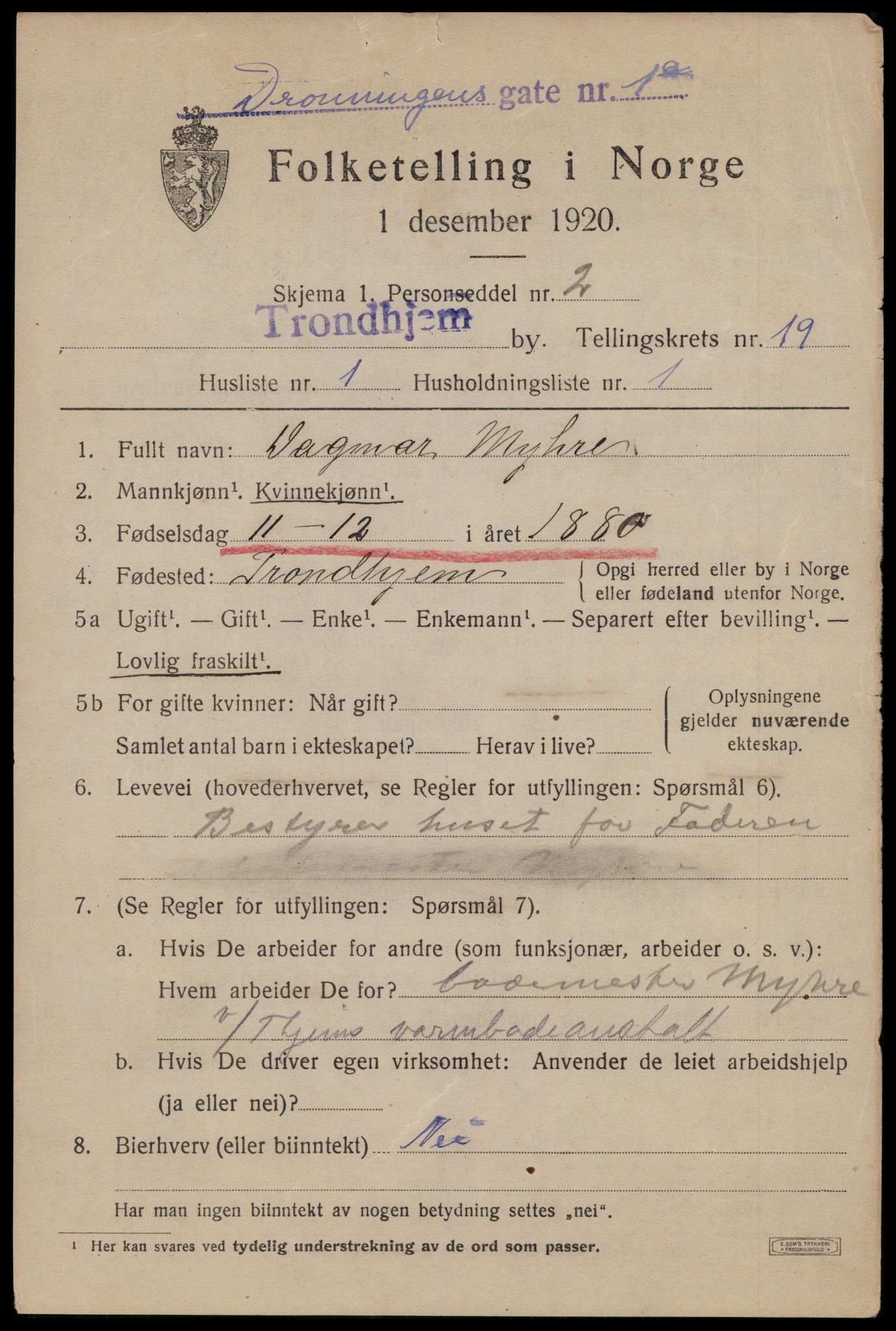 SAT, 1920 census for Trondheim, 1920, p. 58240