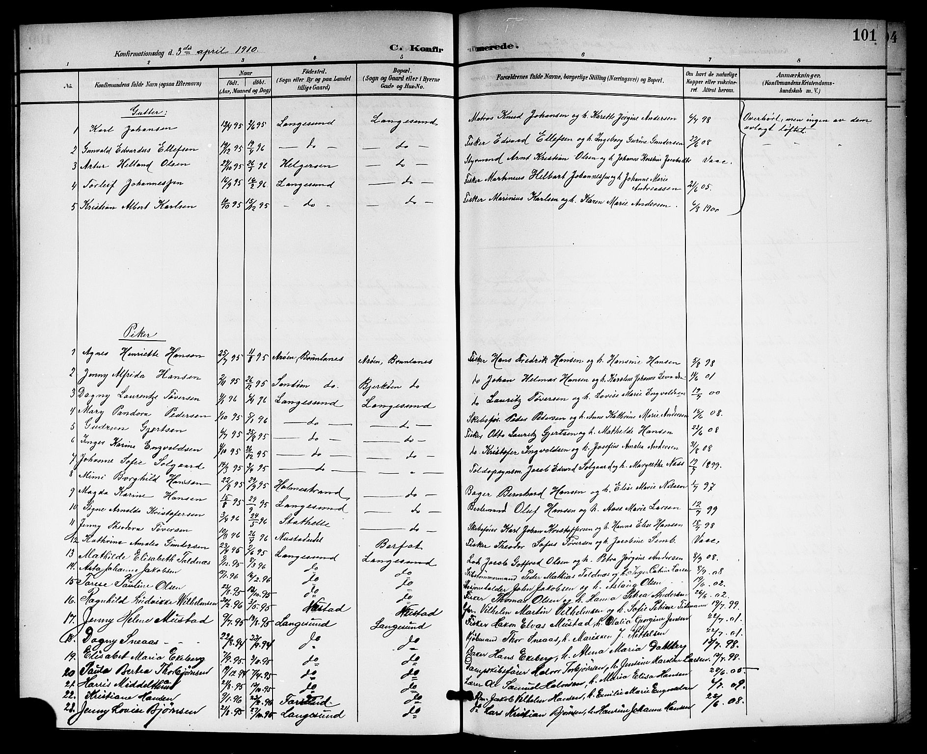 Langesund kirkebøker, SAKO/A-280/G/Ga/L0006: Parish register (copy) no. 6, 1899-1918, p. 101