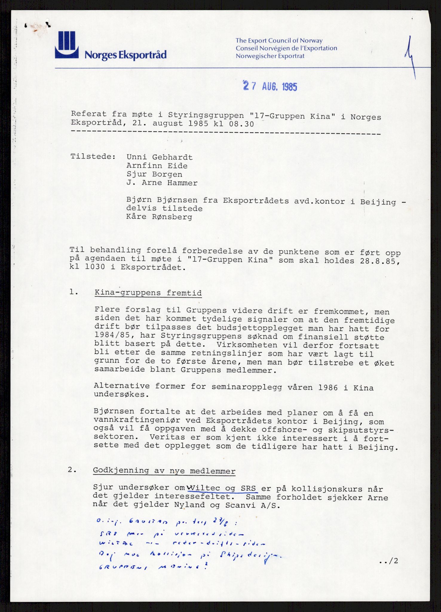 "17-Gruppen Kina", AV/RA-PA-1688/A/L0001: Møtereferater, 1979-1986, p. 215