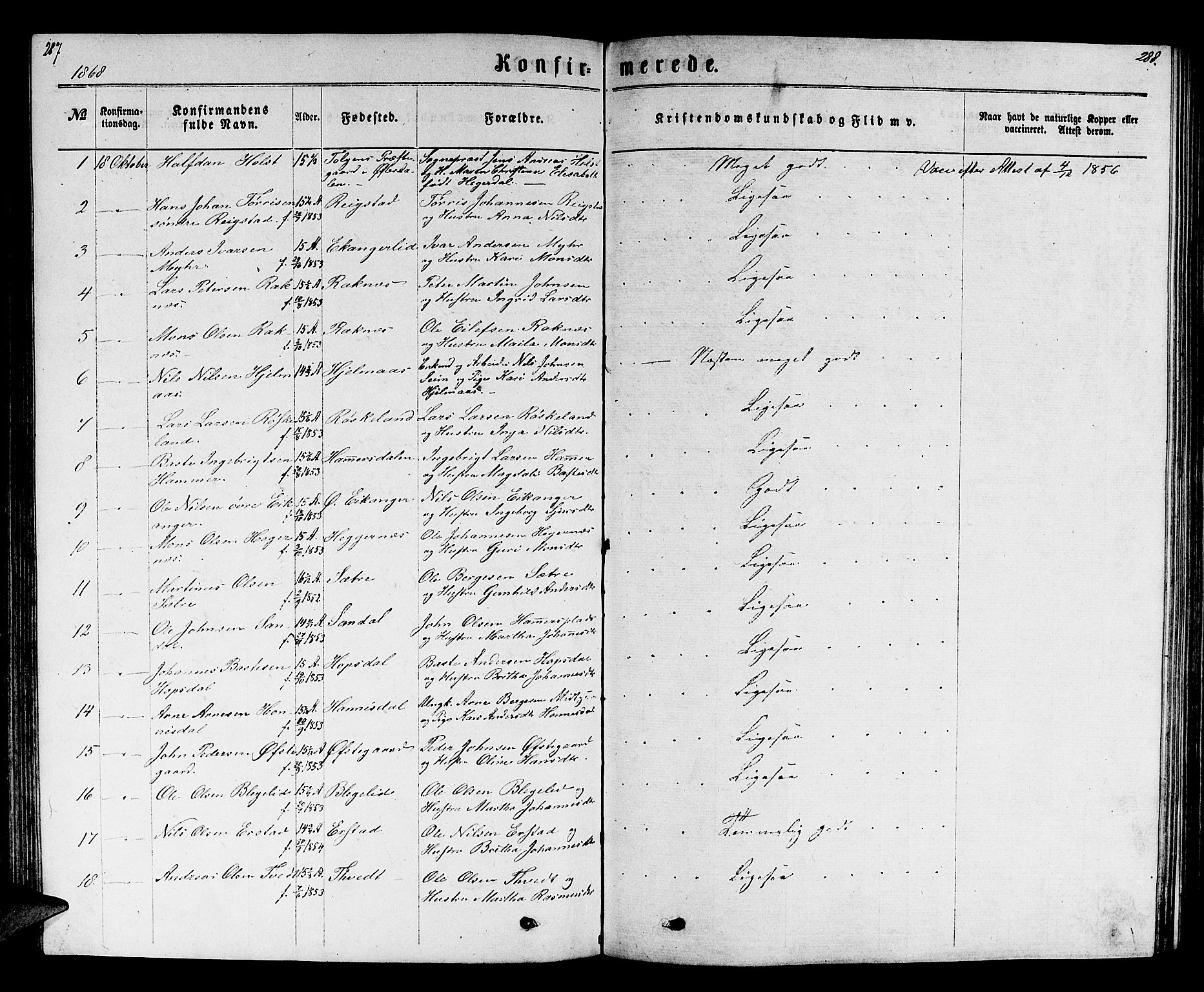 Hamre sokneprestembete, SAB/A-75501/H/Ha/Hab: Parish register (copy) no. B 2, 1863-1880, p. 287-288