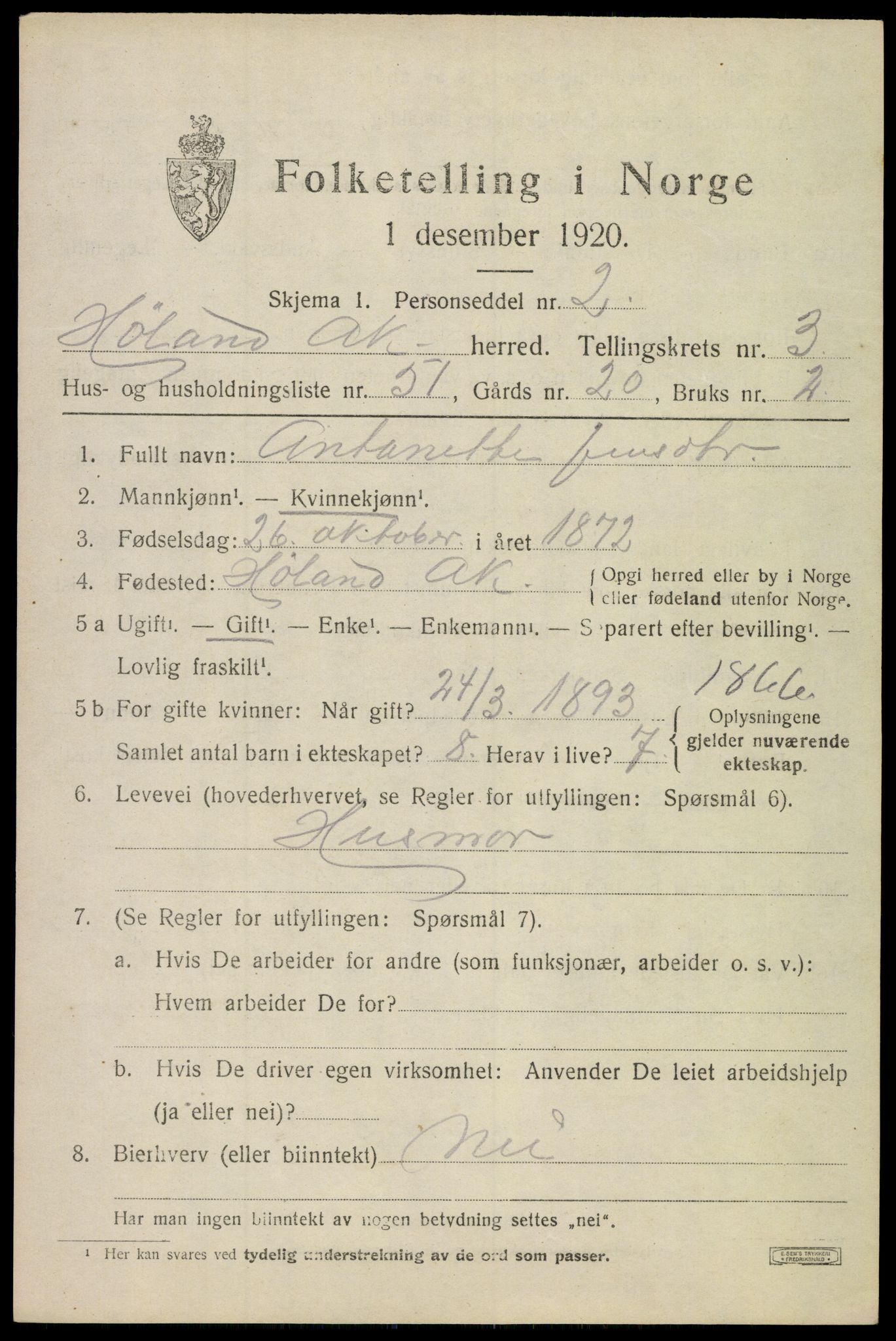 SAO, 1920 census for Høland, 1920, p. 5607