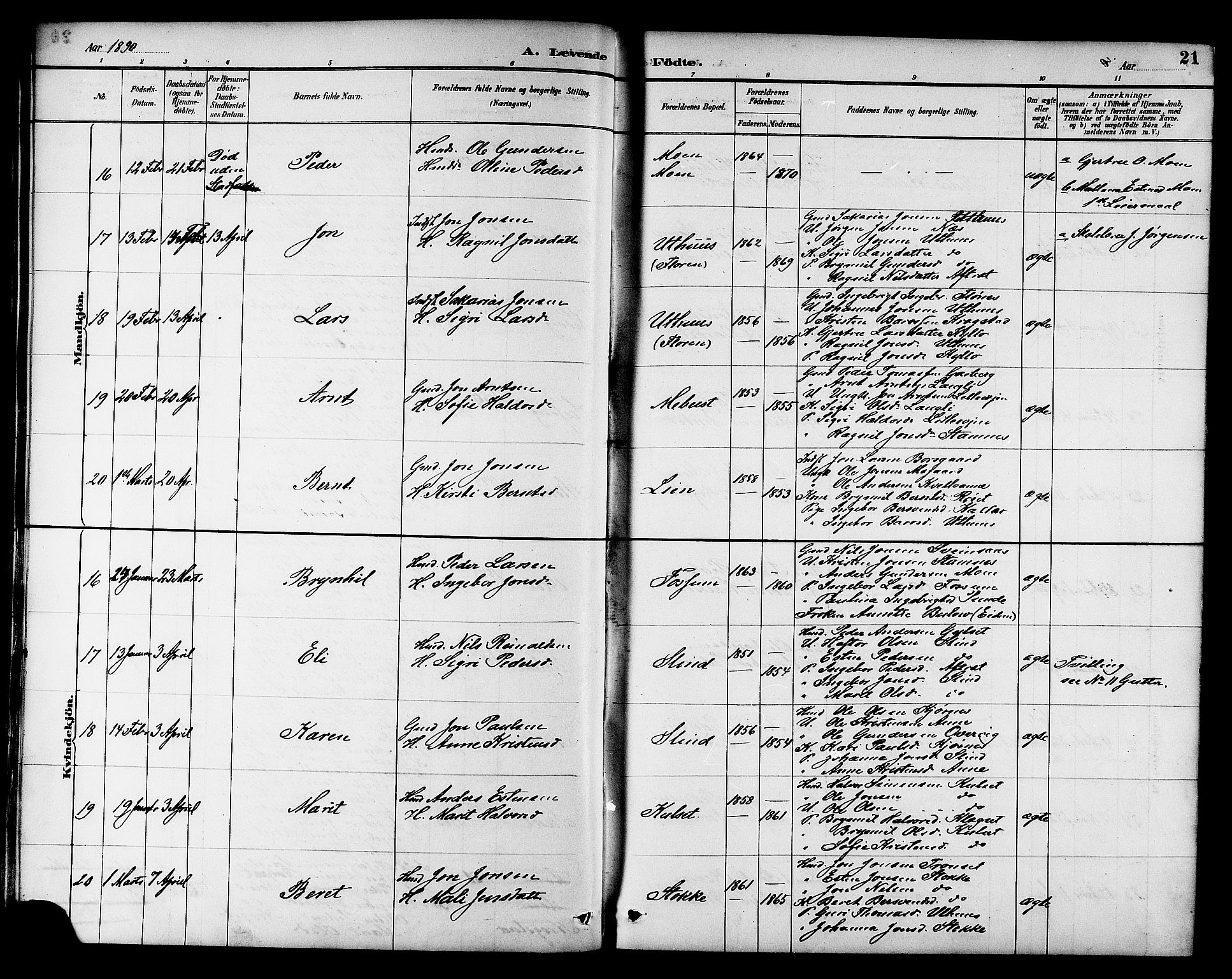 Ministerialprotokoller, klokkerbøker og fødselsregistre - Sør-Trøndelag, AV/SAT-A-1456/695/L1157: Parish register (copy) no. 695C08, 1889-1913, p. 21