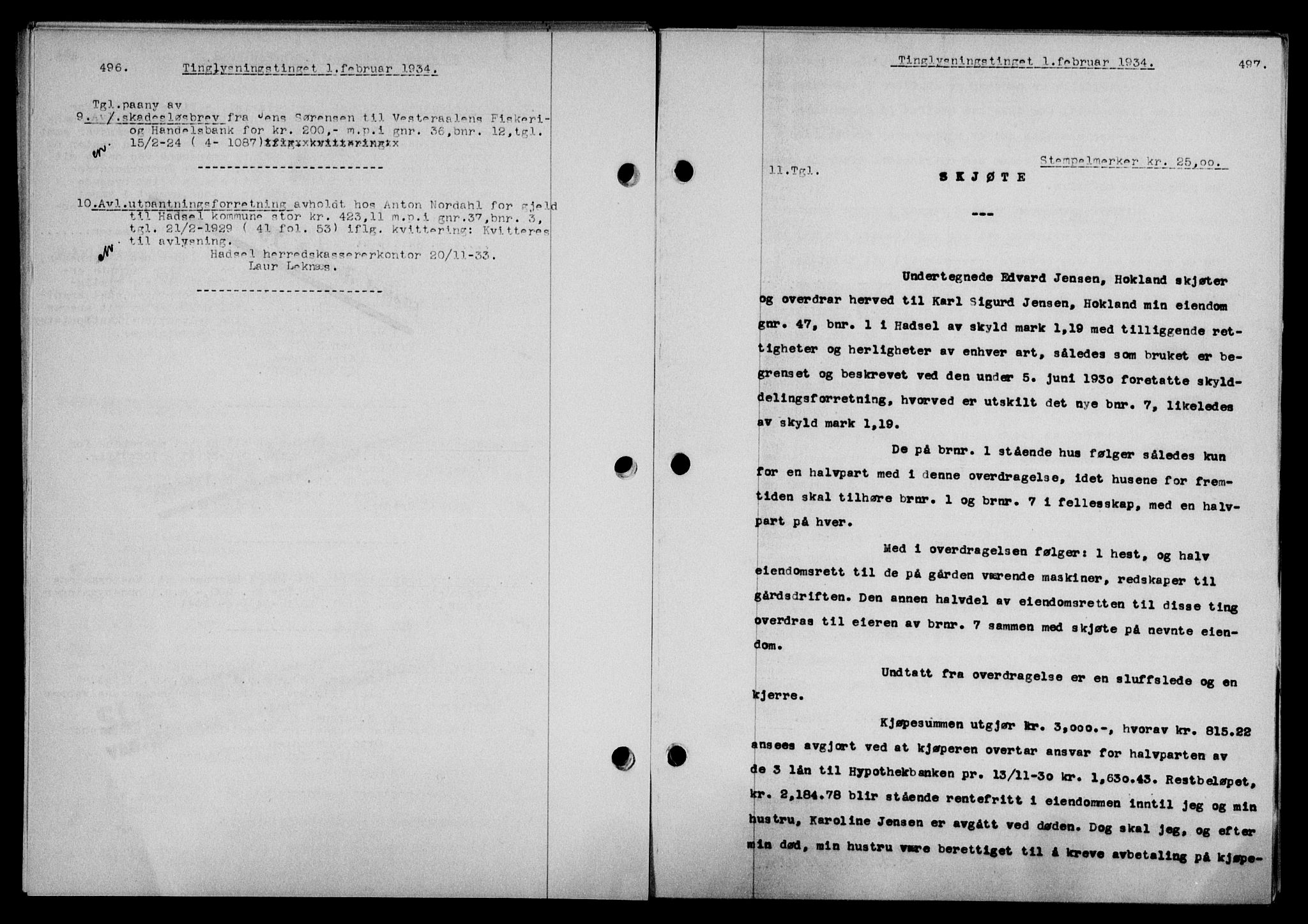 Vesterålen sorenskriveri, SAT/A-4180/1/2/2Ca/L0059: Mortgage book no. 52, 1933-1934, Deed date: 01.02.1934