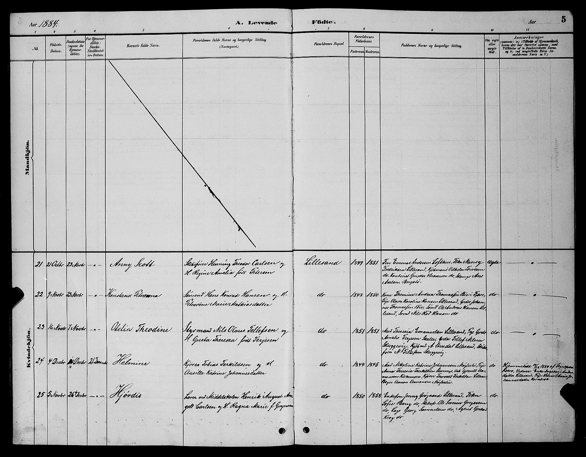 Vestre Moland sokneprestkontor, AV/SAK-1111-0046/F/Fb/Fba/L0001: Parish register (copy) no. B 1, 1884-1903, p. 5