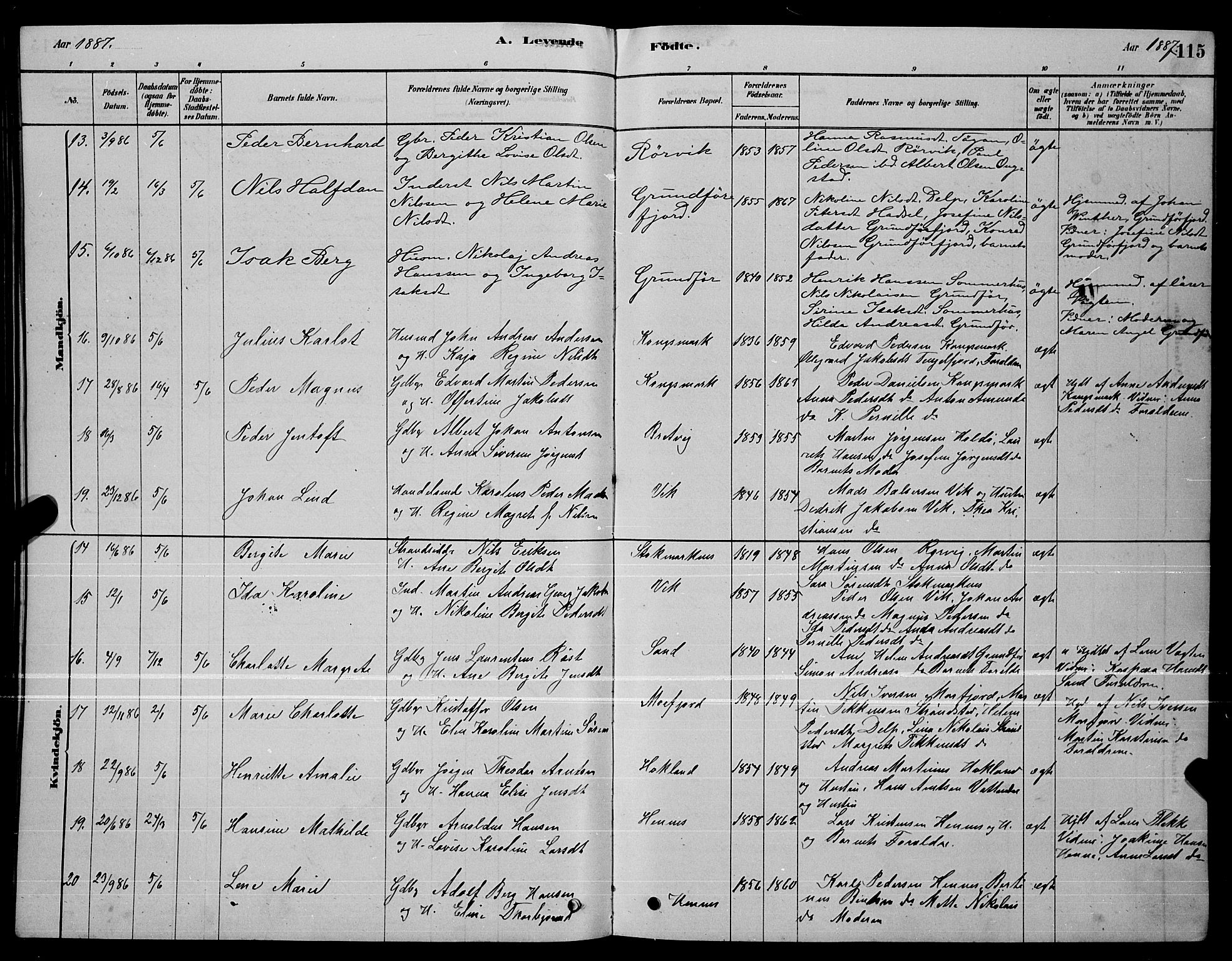 Ministerialprotokoller, klokkerbøker og fødselsregistre - Nordland, AV/SAT-A-1459/888/L1267: Parish register (copy) no. 888C05, 1878-1890, p. 115