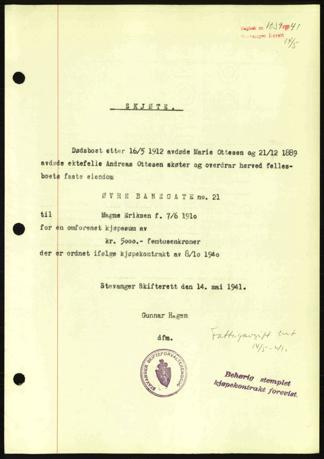 Stavanger byrett, SAST/A-100455/002/G/Gb/L0016: Mortgage book no. A6, 1940-1941, Diary no: : 1039/1941