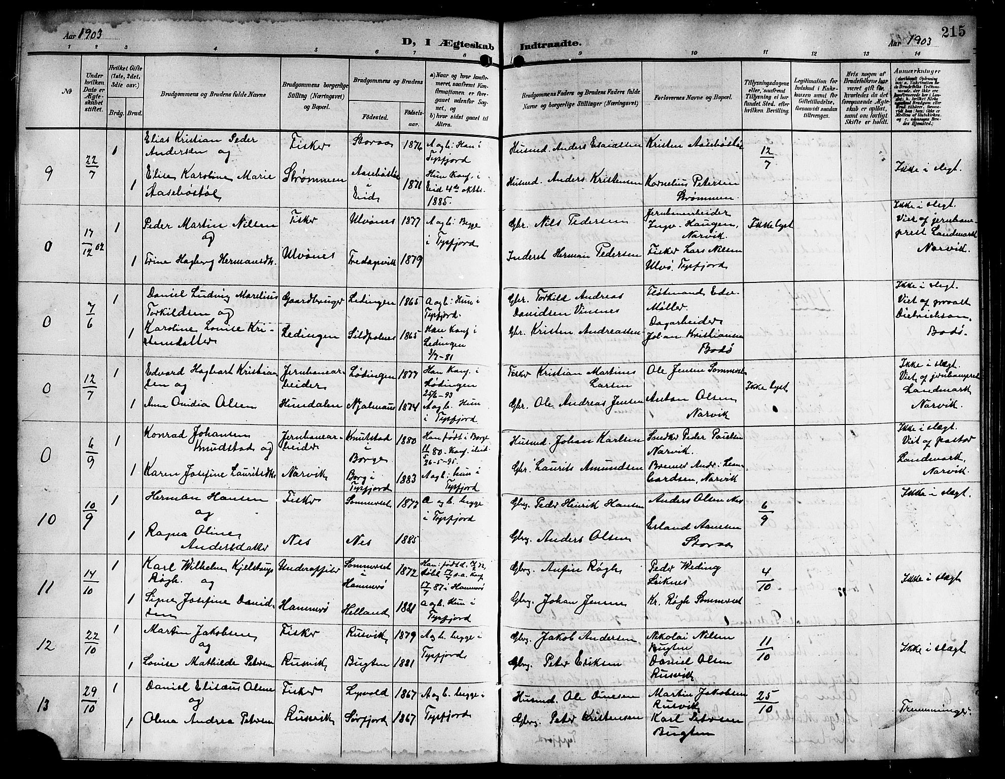 Ministerialprotokoller, klokkerbøker og fødselsregistre - Nordland, SAT/A-1459/861/L0877: Parish register (copy) no. 861C03, 1903-1919, p. 215