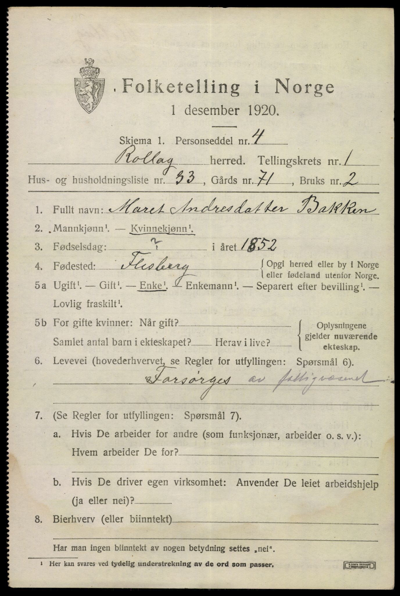 SAKO, 1920 census for Rollag, 1920, p. 952