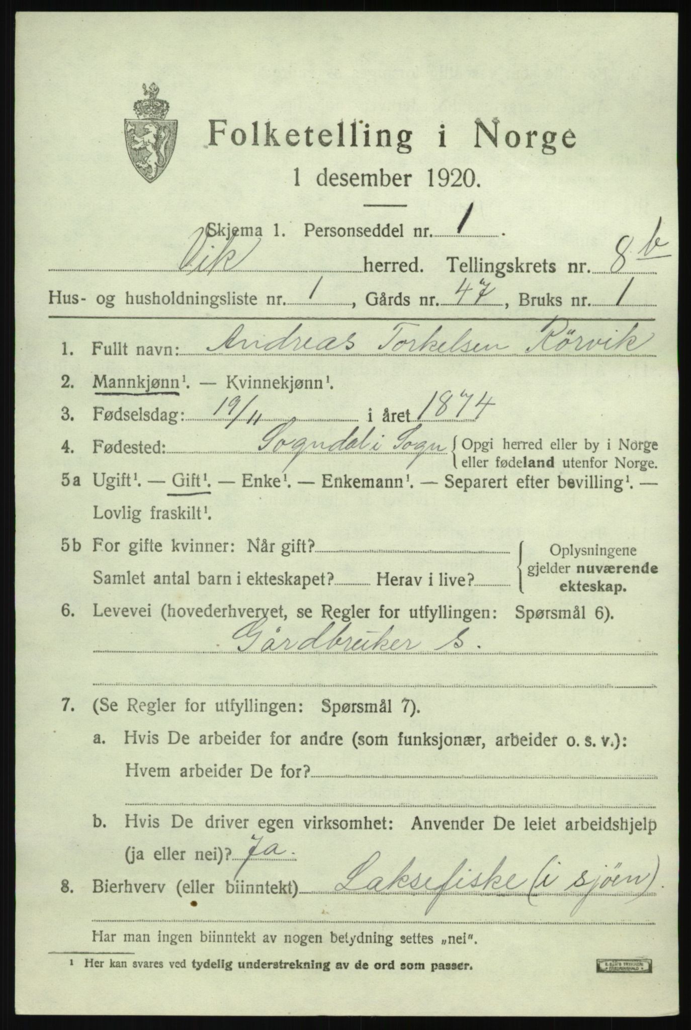 SAB, 1920 census for Vik, 1920, p. 5445