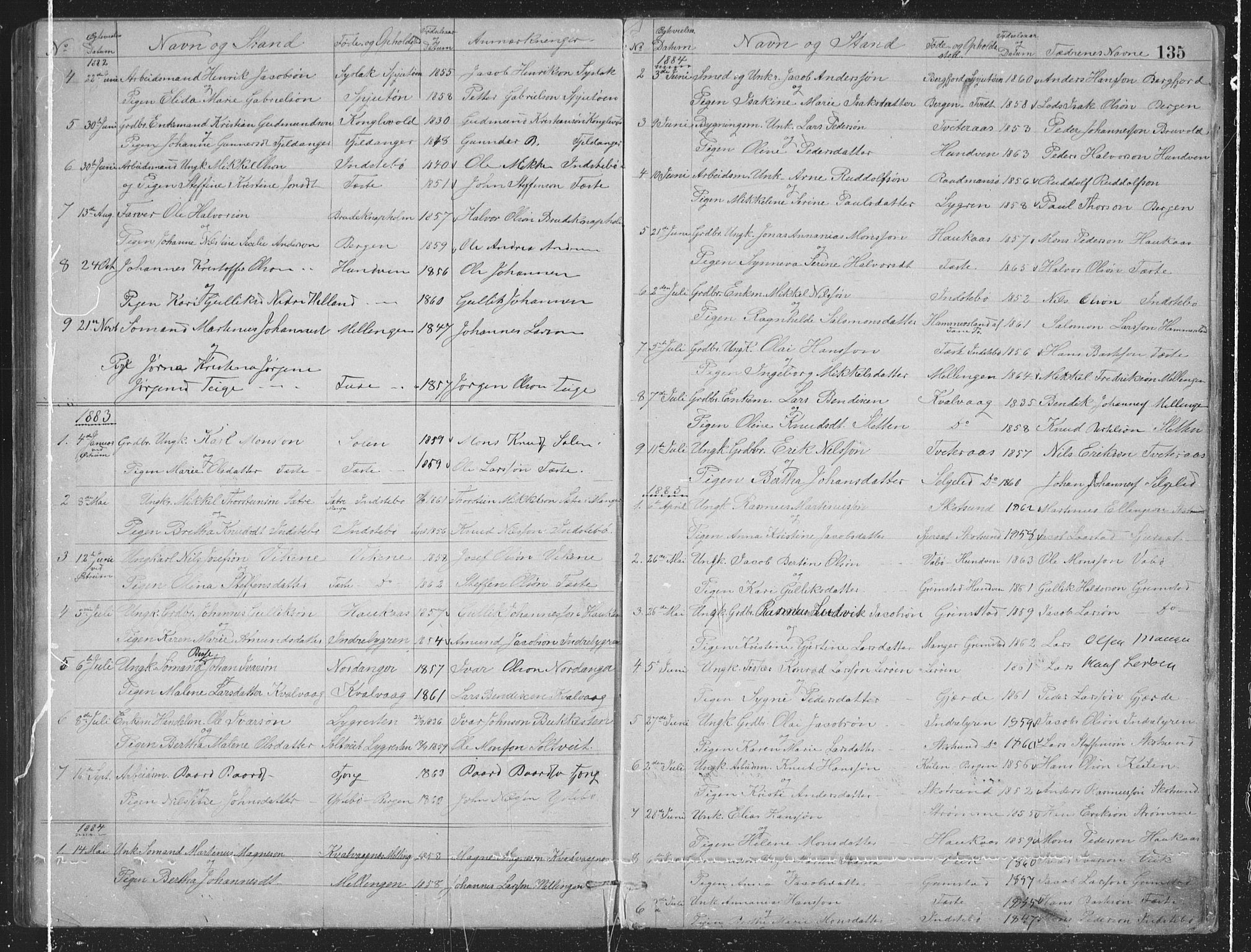 Alversund Sokneprestembete, SAB/A-73901/H/Ha/Hab: Parish register (copy) no. B 3, 1881-1896, p. 135